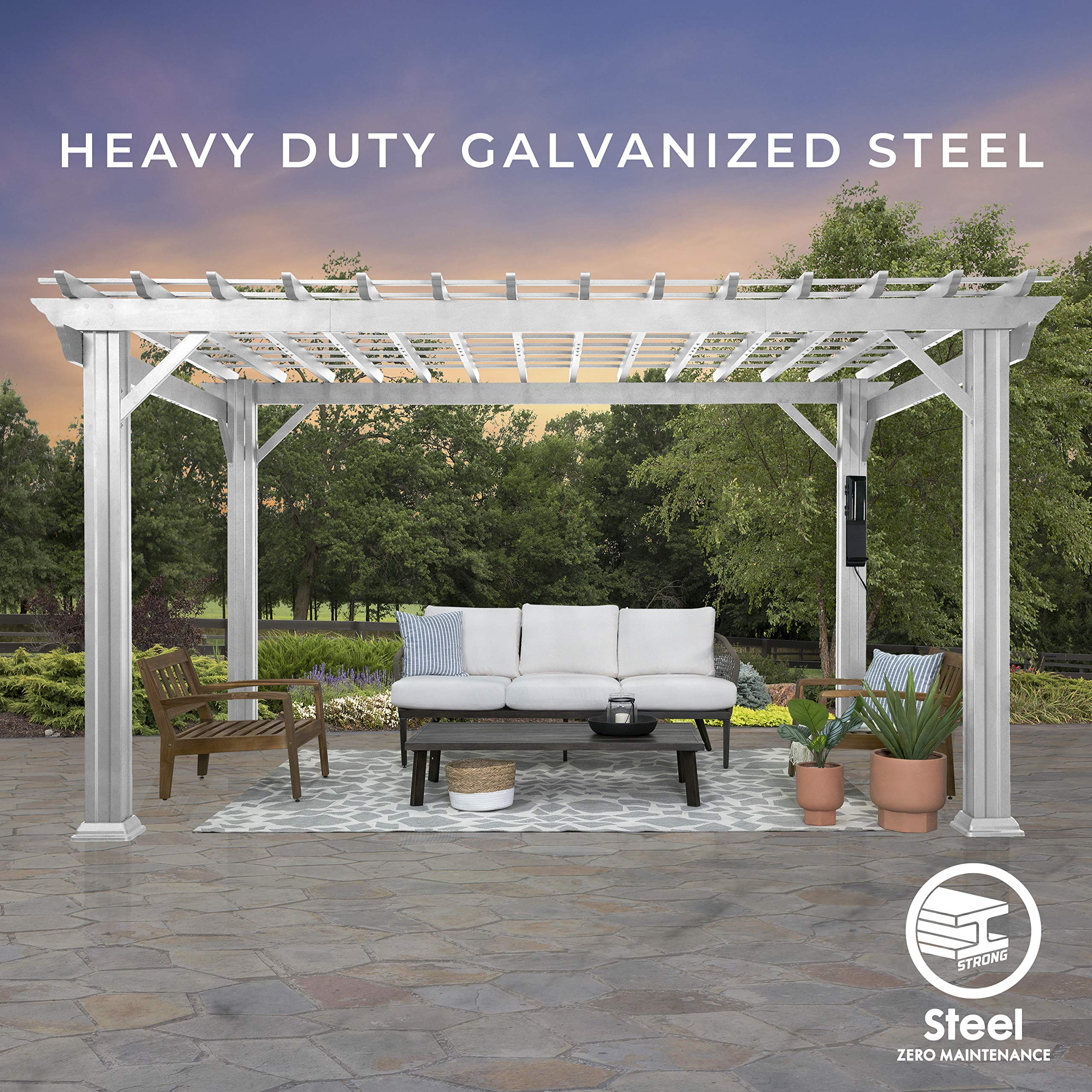 【Home&Garden】14' x 10' White Steel Traditional Pergola with Sail Shade Soft Canopy
