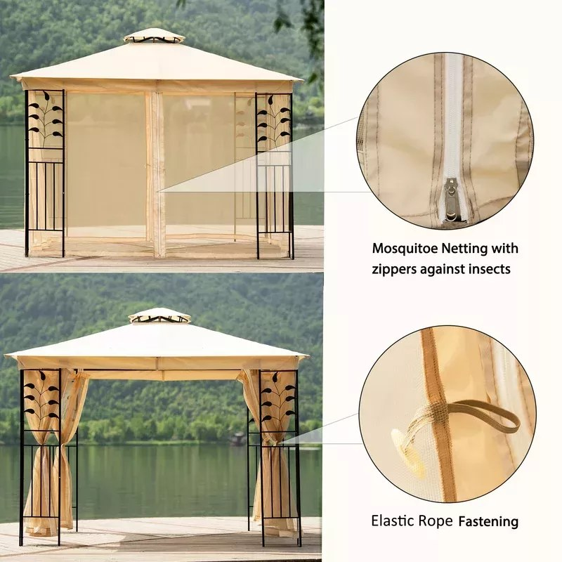 【Gazebo】10x10 Ft Patio BBQ Gazebo w/Side Wall & Mosquito Netting for Outdoor Party Activities, Beige