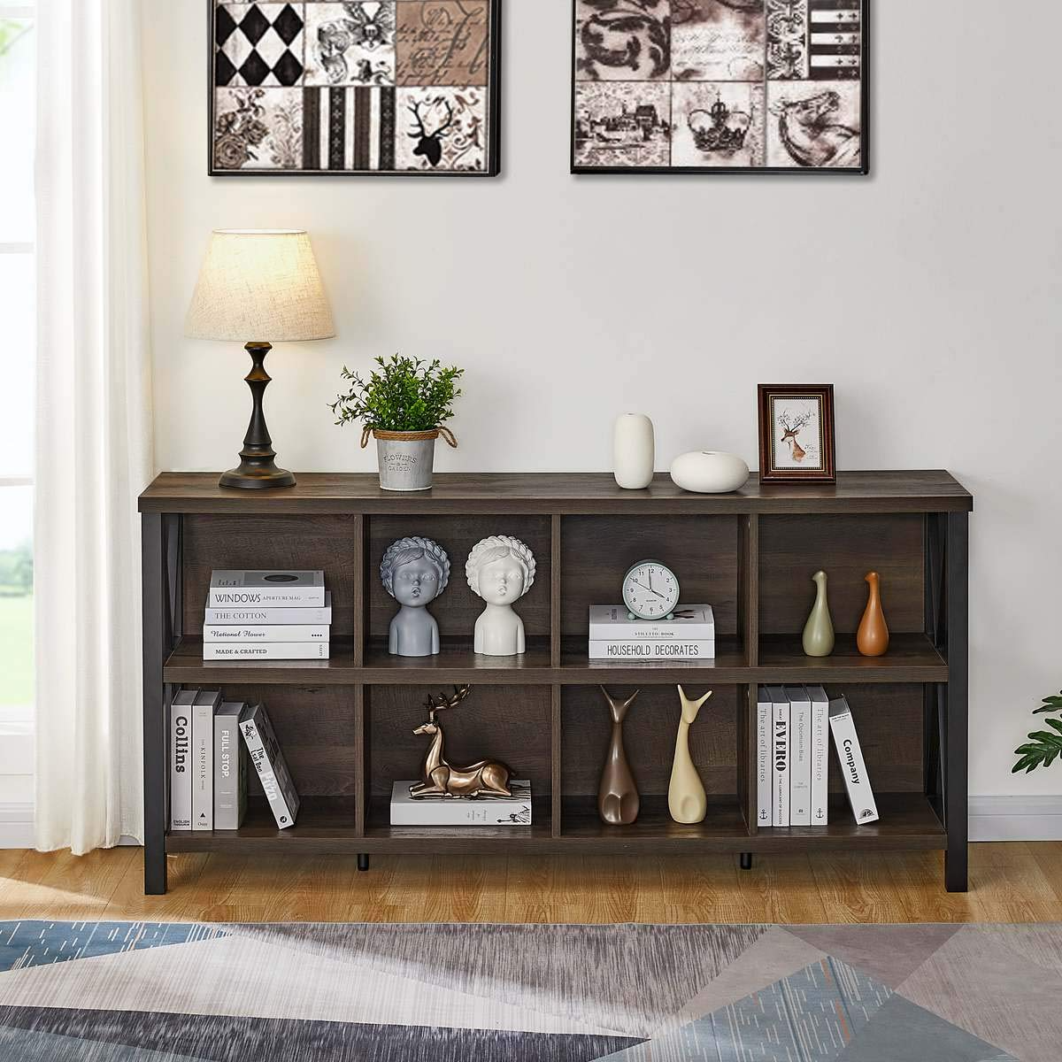 【Furniture】8 Cube Storage Organizer Bookshelf, Rustic Wood Cubby Bookcase, Industrial Horizontal Long Shelf
