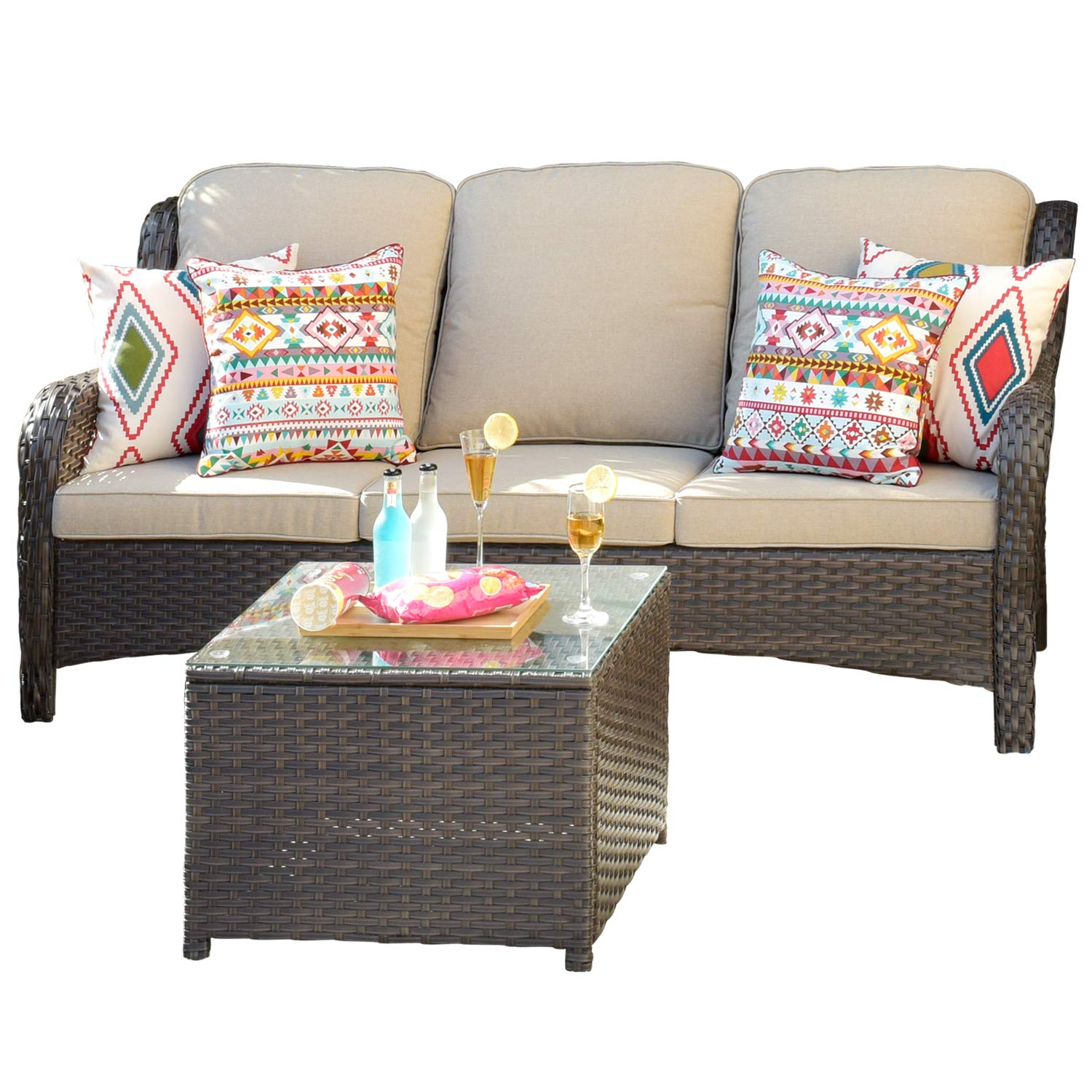 【Furniture】Patio Furniture Conversation Set All Weather Wicker 6 Pcs High Back Sofa w Coffee Table & Ottomans《NO8》