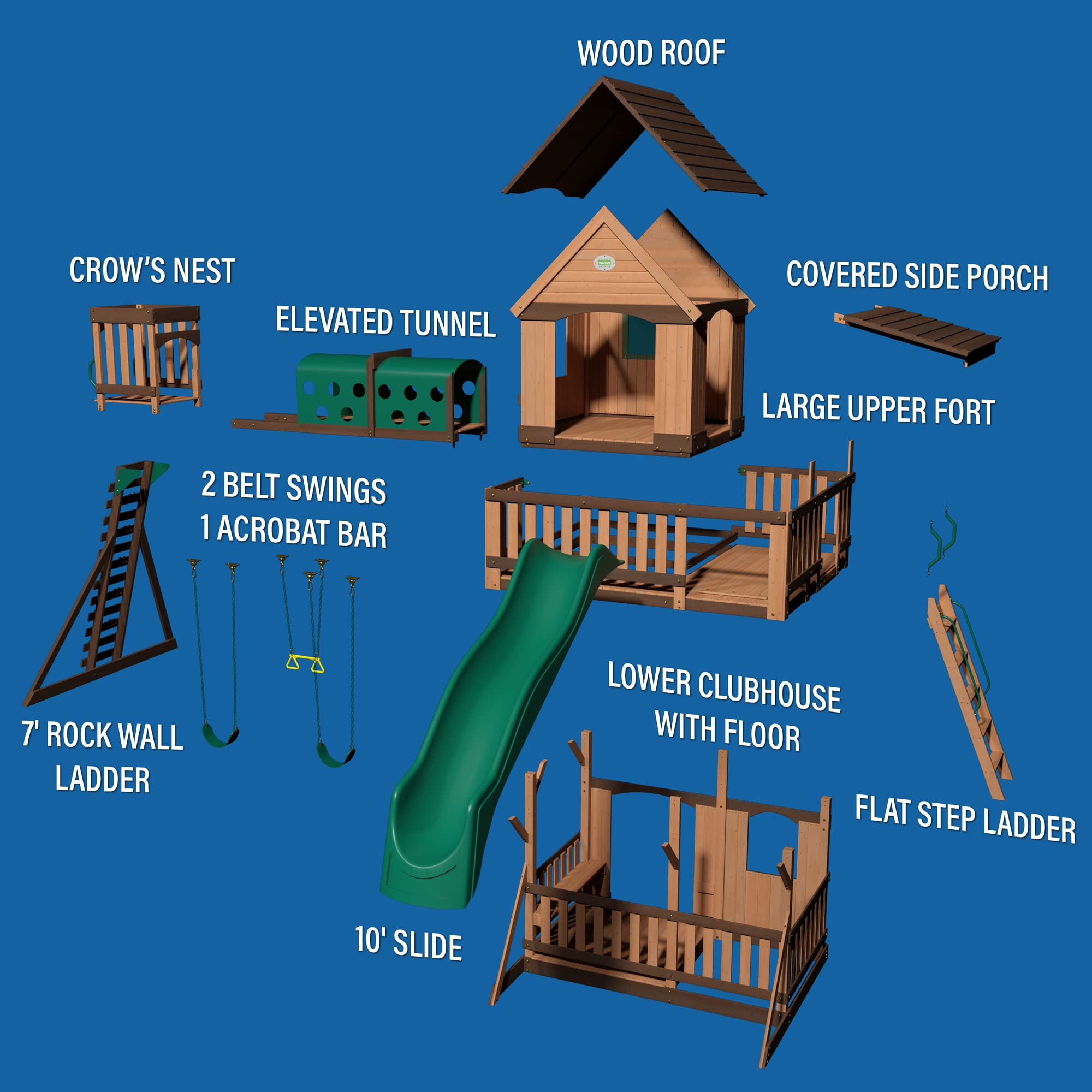 【Baby&Kids】Woodridge Elite All Cedar Wood Swing Set, Upper and Lower Deck, Sandbox, Vented Tunnel