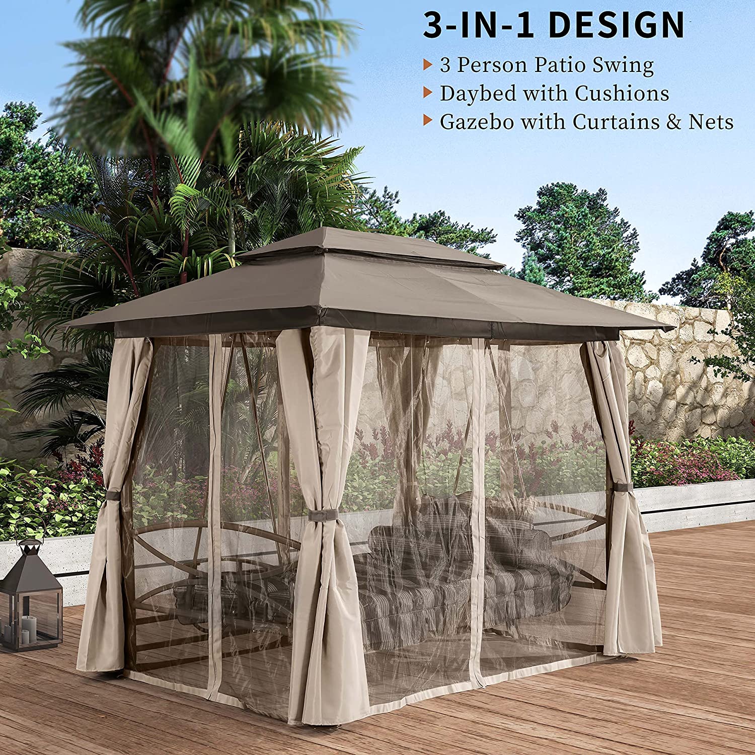 【Gazebo】3 Person Outdoor Patio Porch Swing Gazebo with Netting & Gazebo Curtains