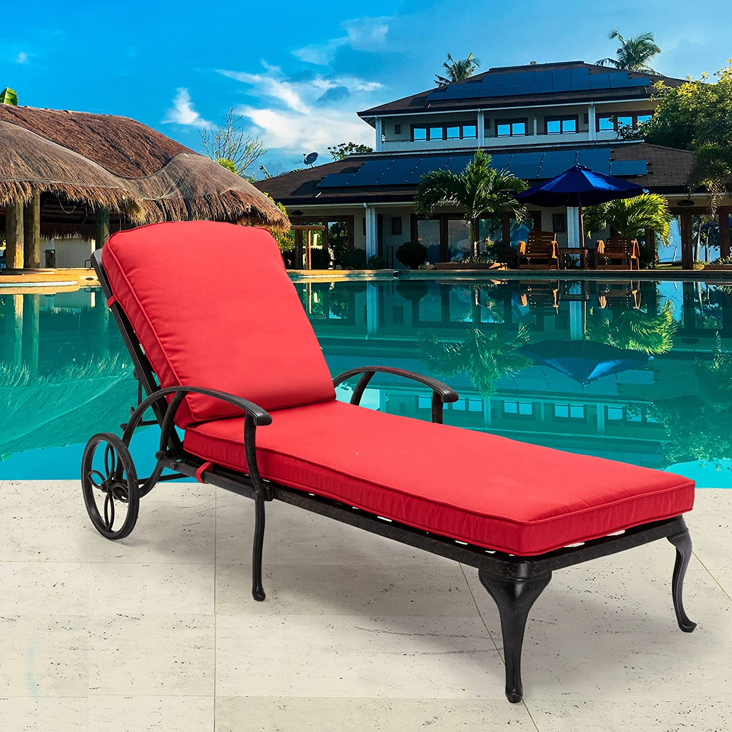 【Home&Garden】Chaise Lounge Outdoor Chair with Cushions, Aluminum Pool Side Sun Lounges with Wheels