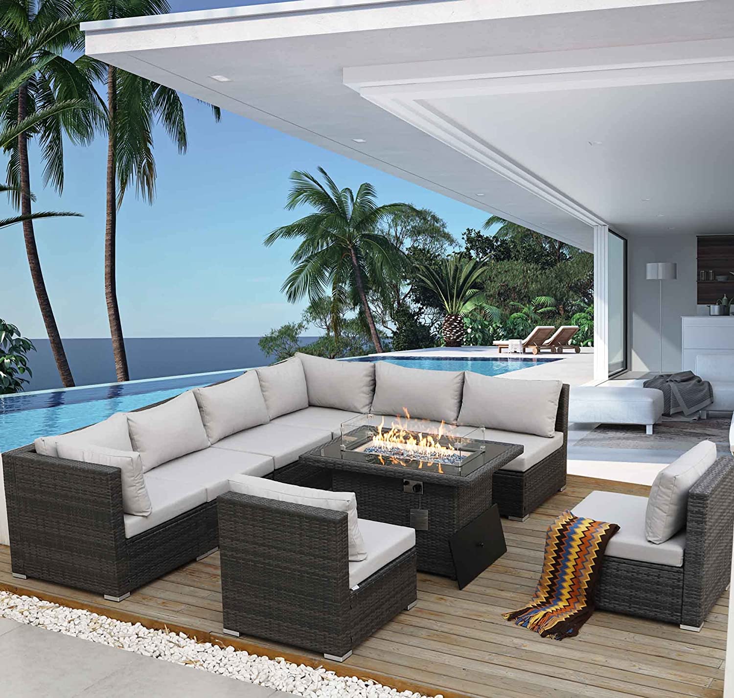 【Home&Garden】Large Size High Back PE Rattan Patio Furniture Sectional Sofa Sets with Fire Pit Table