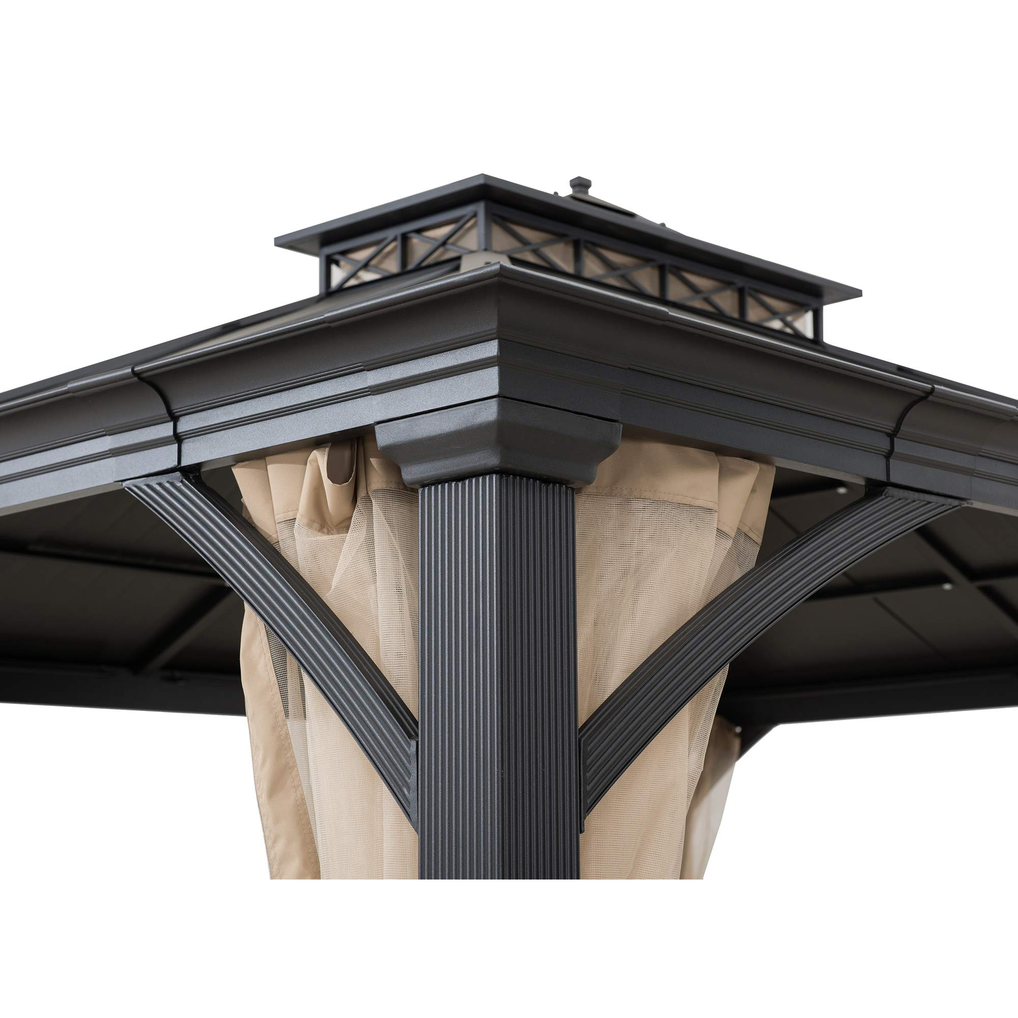 【Gazebo】10.5x12.5 ft. Outdoor Patio Black Steel Frame Hardtop Gazebo with 2-Tier Steel Roof & Mesh Netting