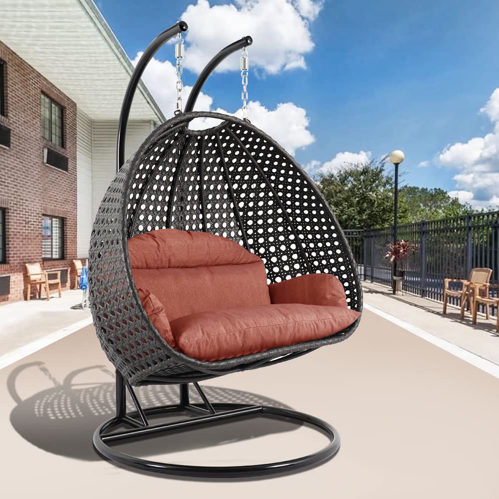 【Furniture】2 Person Hanging Double Swing Chair, X-Large Wicker Rattan Egg Chair with Stand and Cushion