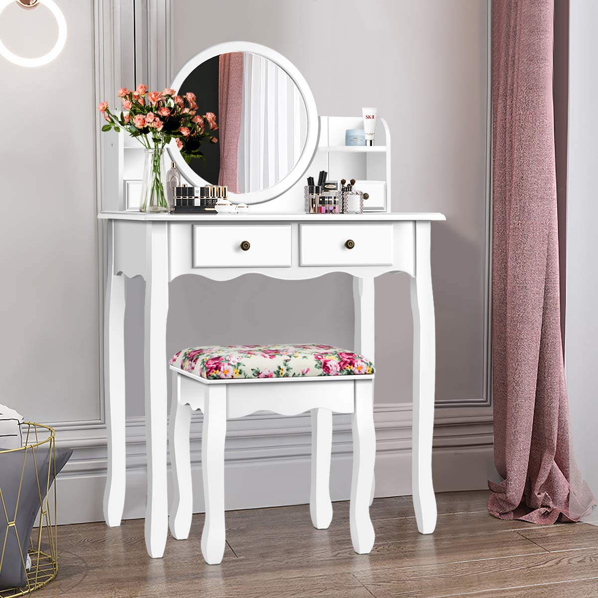 【Furniture】4 Storage Shelves and 4 Drawers, Makeup Table with 360° Pivoted Round Mirror