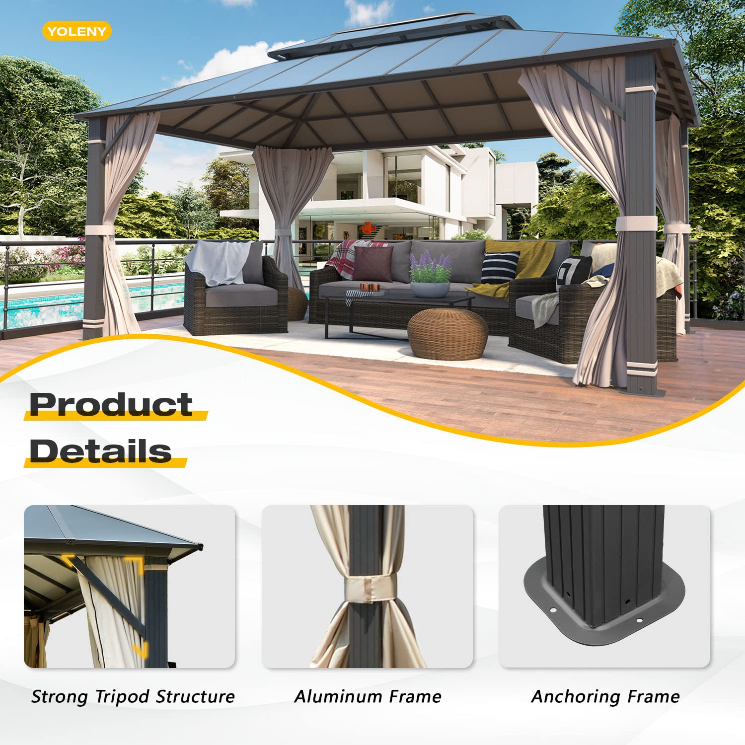 【Gazebo】12' x 16' Hardtop Gazebo, Permanent Outdoor Aluminum Patio Gazebo with Composite Double Roof