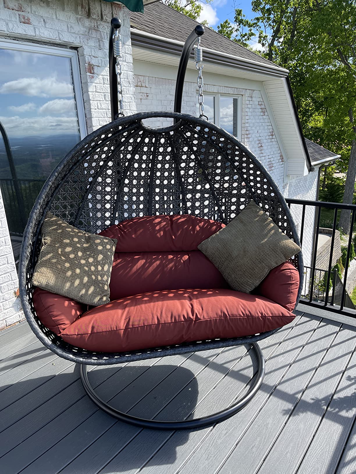 【Furniture】2 Person Hanging Double Swing Chair, X-Large Wicker Rattan Egg Chair with Stand and Cushion