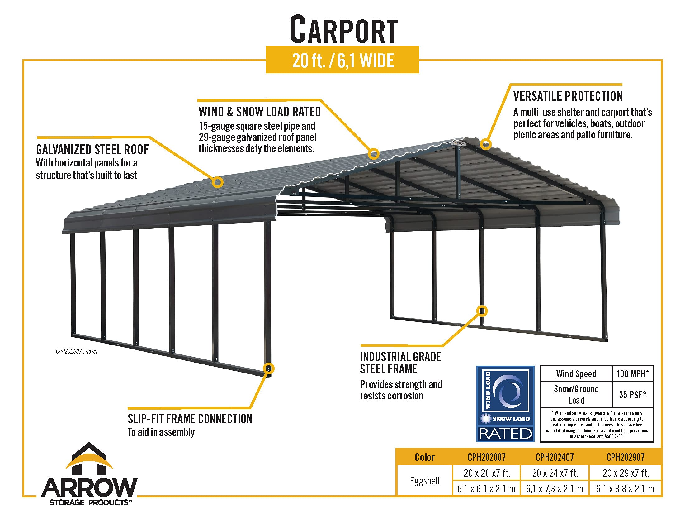 【Home&Garden】20' x 20' 29-Gauge Metal Carport with Steel Roof Panels, 20' x 20' x 7', Charcoal