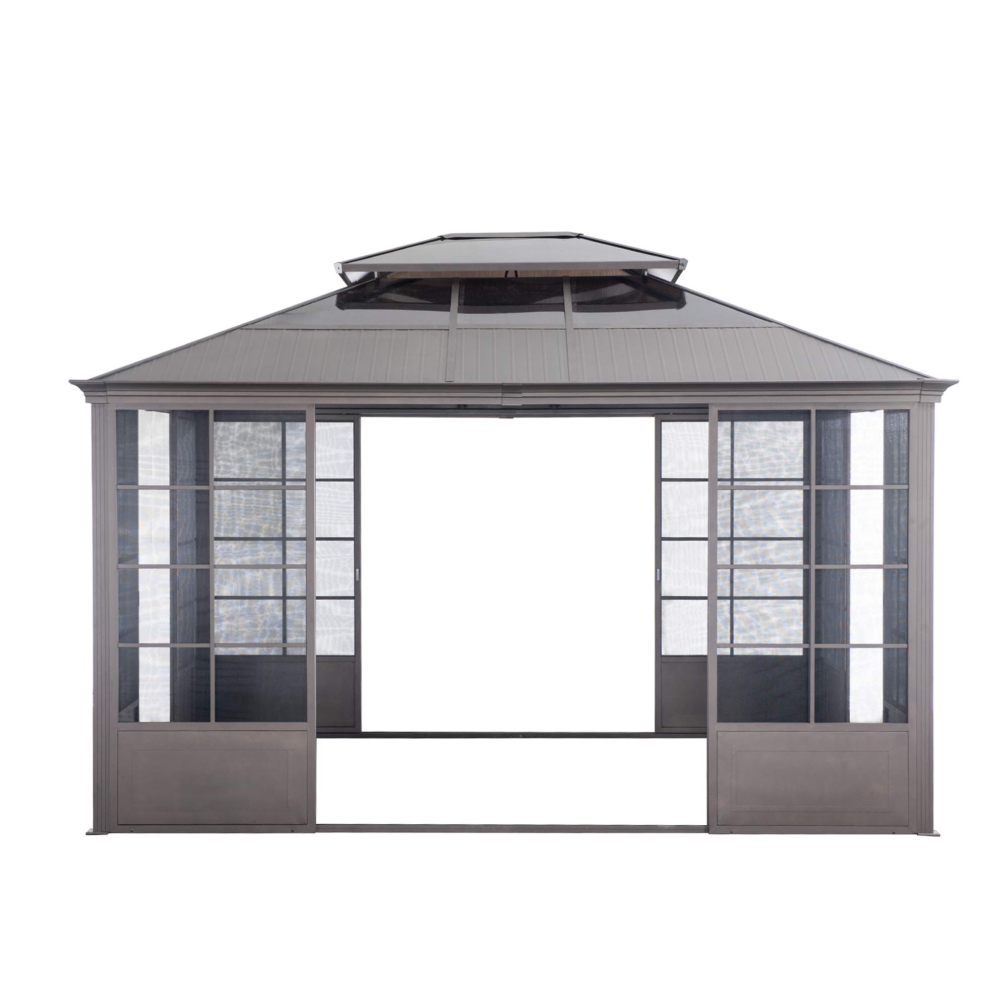 【Home&Garden】Outdoor Sunroom 12x14 ft. Steel Screenhouse with 2-Tier Hardtop Hot Tub Gazebo, Brown《NO8》