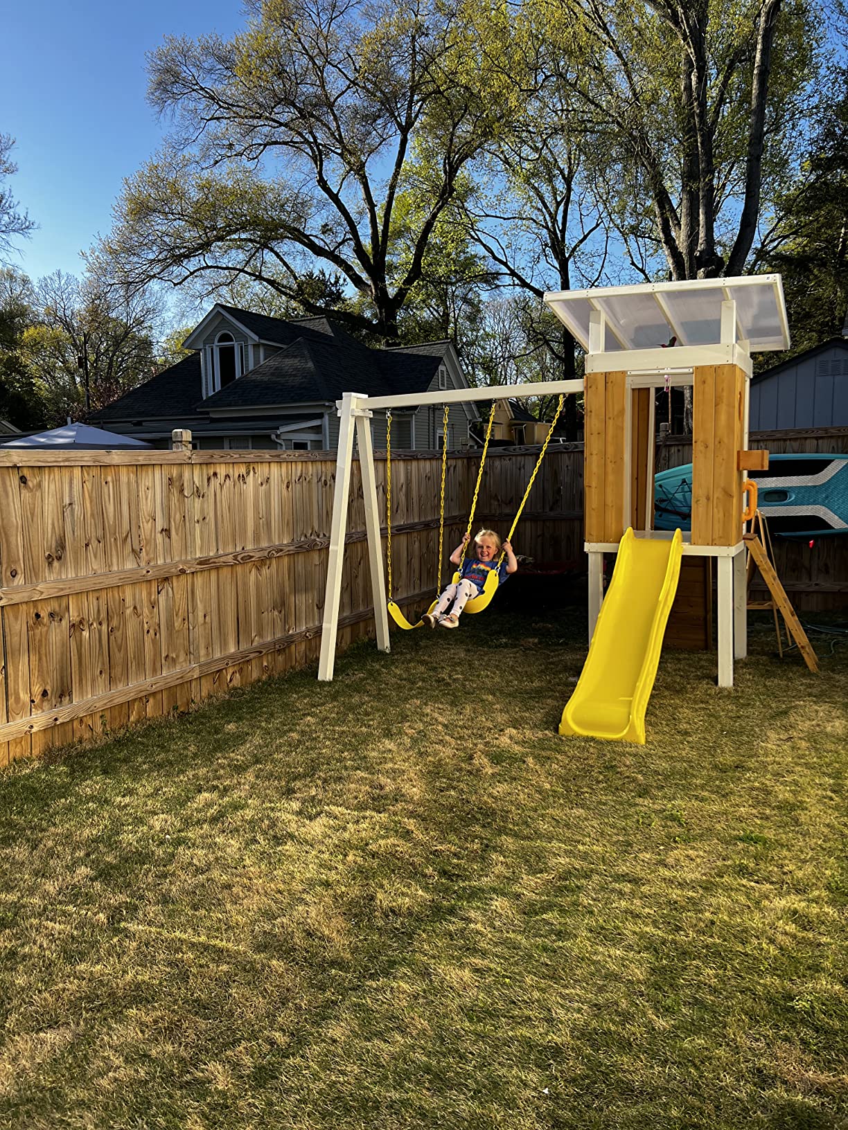 【Baby&Kids】Modern Outdoor Backyard Swing Set Children's Rock Climbing Wood Playground Playset 2 Belt Swings