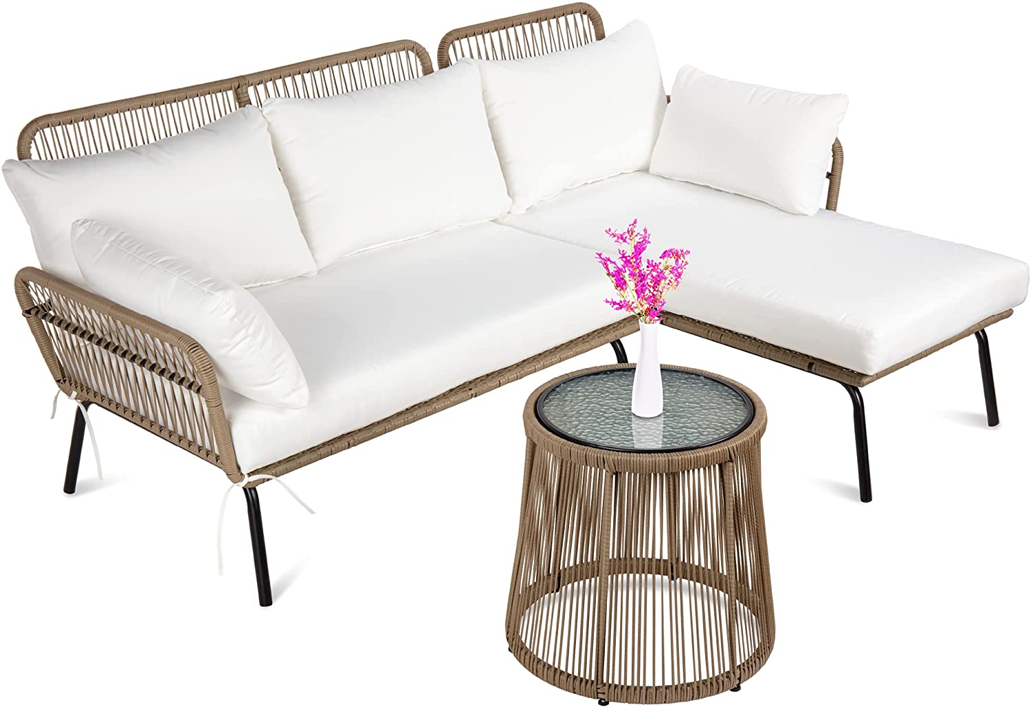 【Furniture】Outdoor Rope Woven Sectional Furniture L-Shaped Sofa Set w/Thick Cushions, Lounger, Side Table