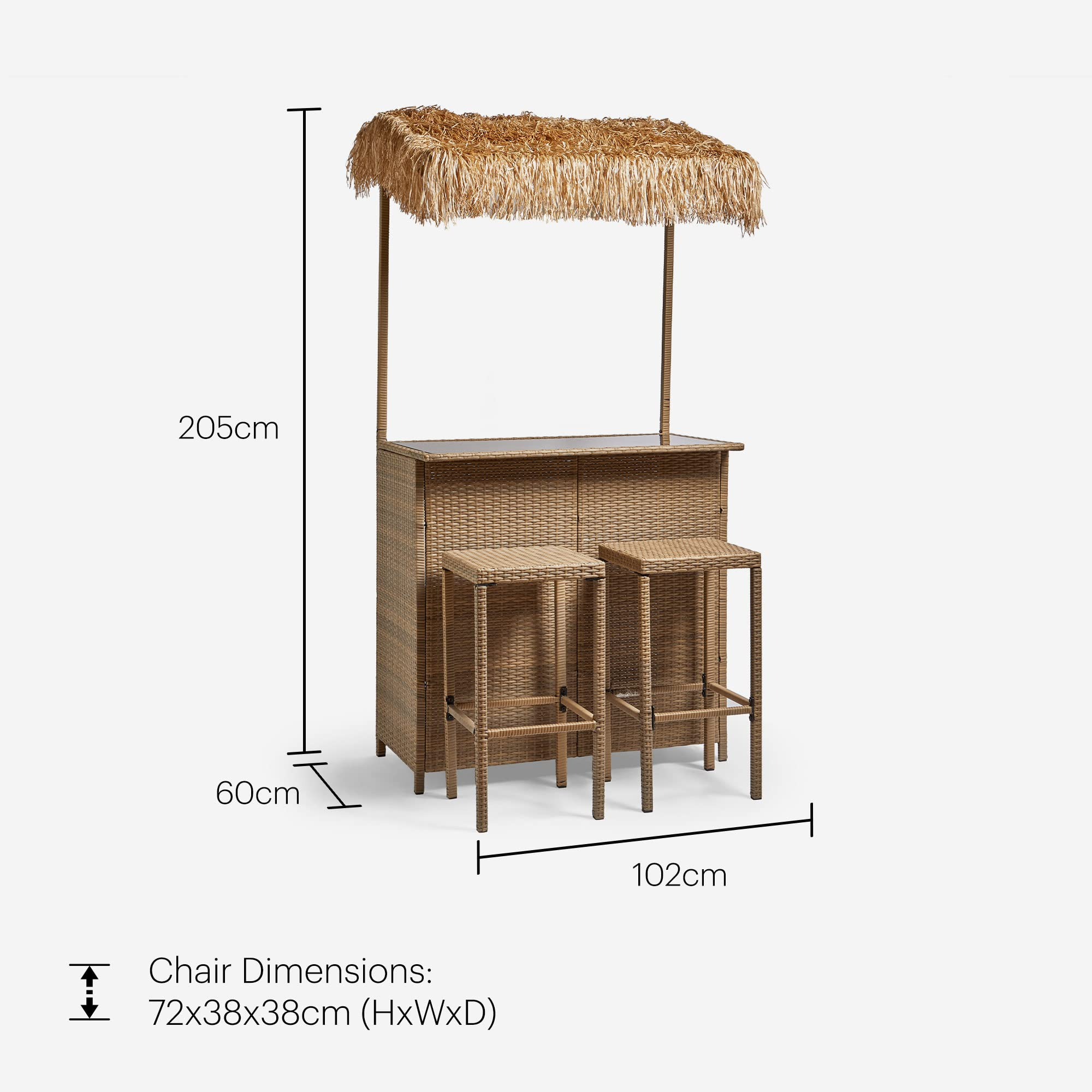 【Home&Garden】Bar Set - Garden Bar Table, 2 Stools & Canopy Roof - Hand-Woven Rattan Cocktail Outdoor Bar