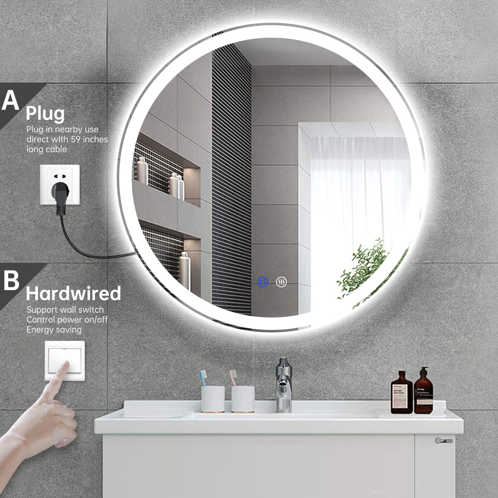 【Home Improvement】Modern & Contemporary Lighted Fog Free Round Bathroom / Vanity Mirror