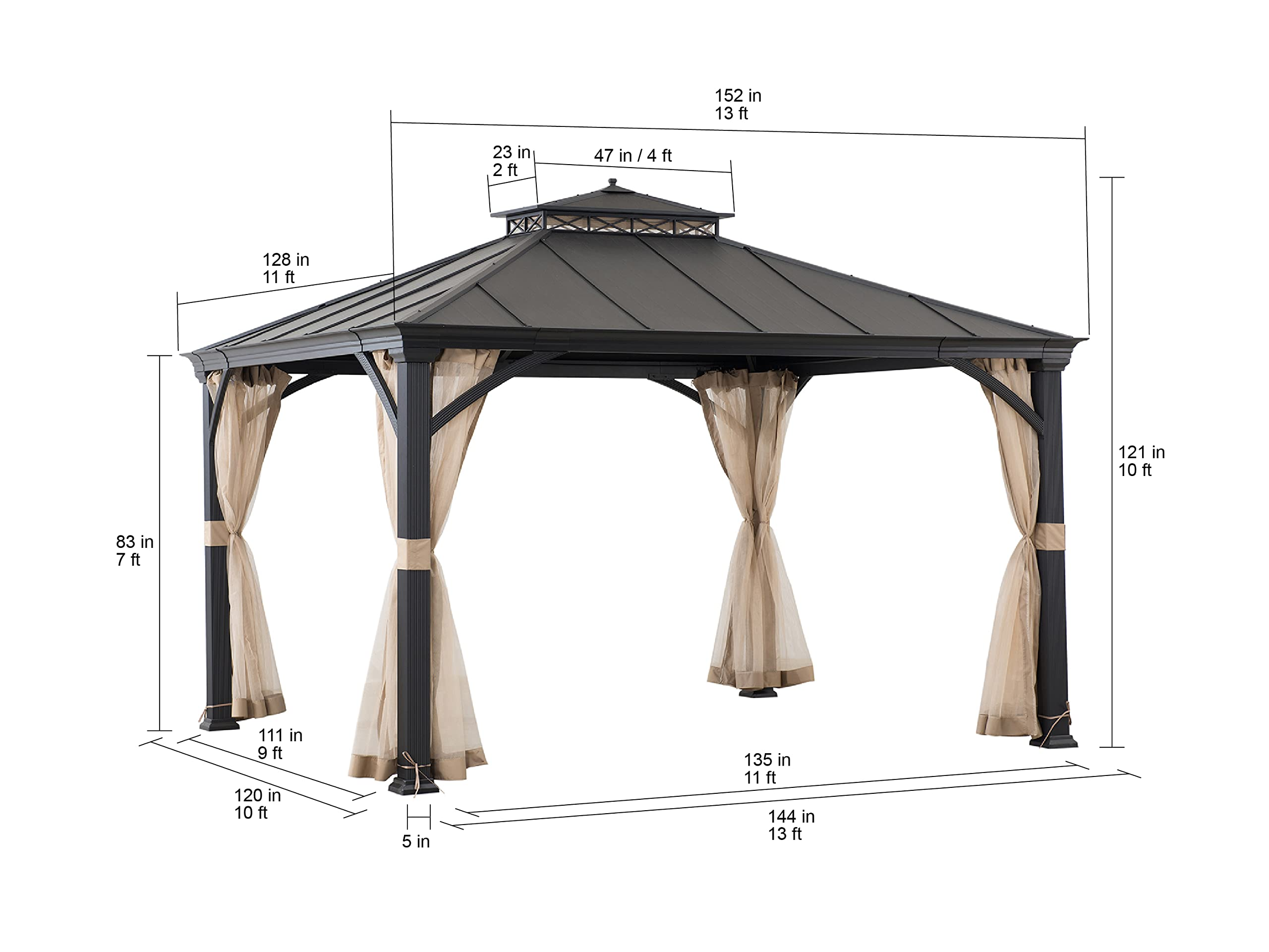【Gazebo】10.5x12.5 ft. Outdoor Patio Black Steel Frame Hardtop Gazebo with 2-Tier Steel Roof & Mesh Netting