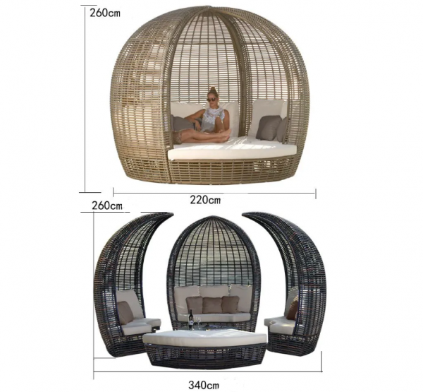 【Furniture】Outdoor Lying Bed Rattan Creative Birdcage Resort Hotel Open-air Sea View Room Multi-person Coffee Table Combination Leisure Rattan Bed