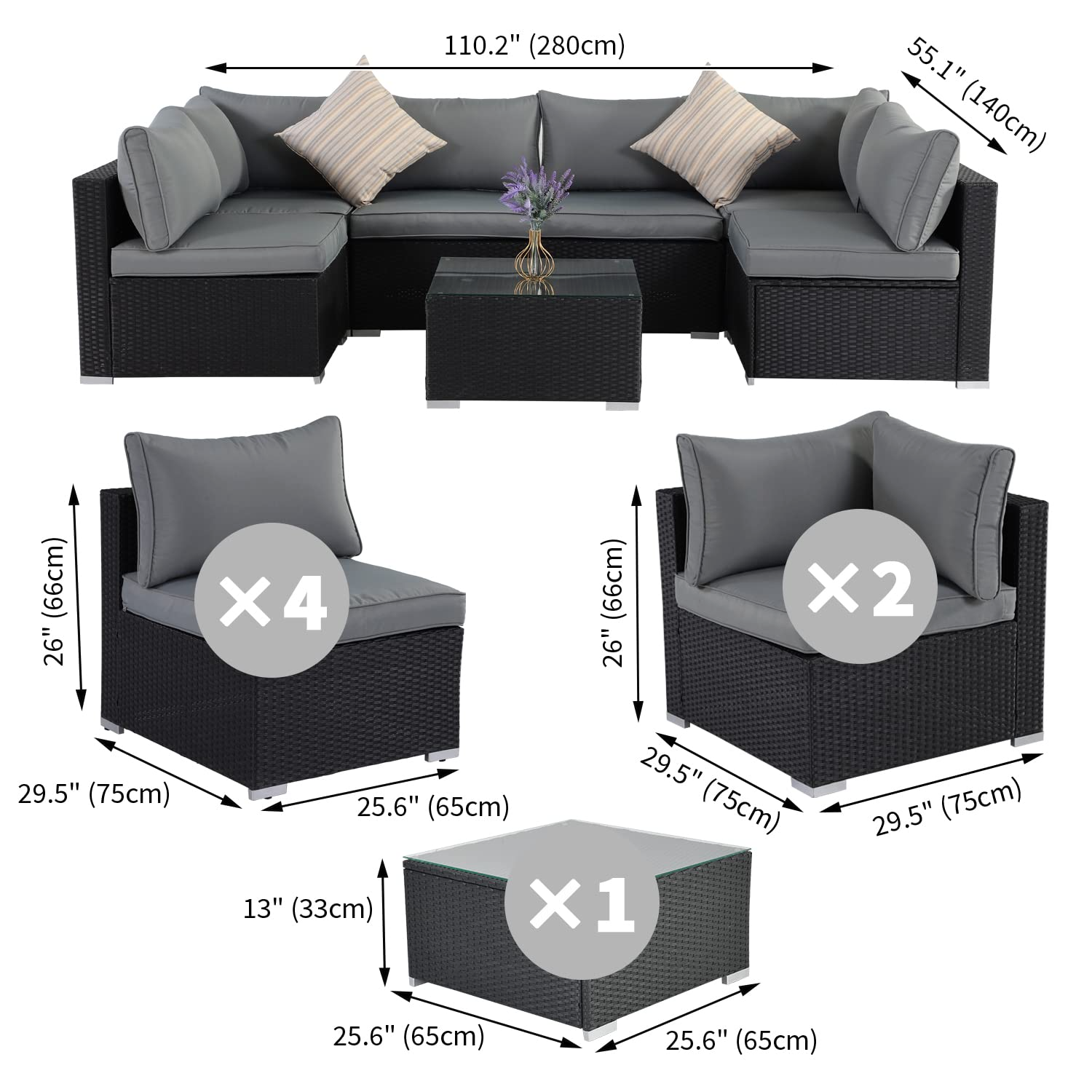 Outdoor Patio Furniture Set, 7 Pcs Patio Conversation Set Sectional Rattan Sofa Set