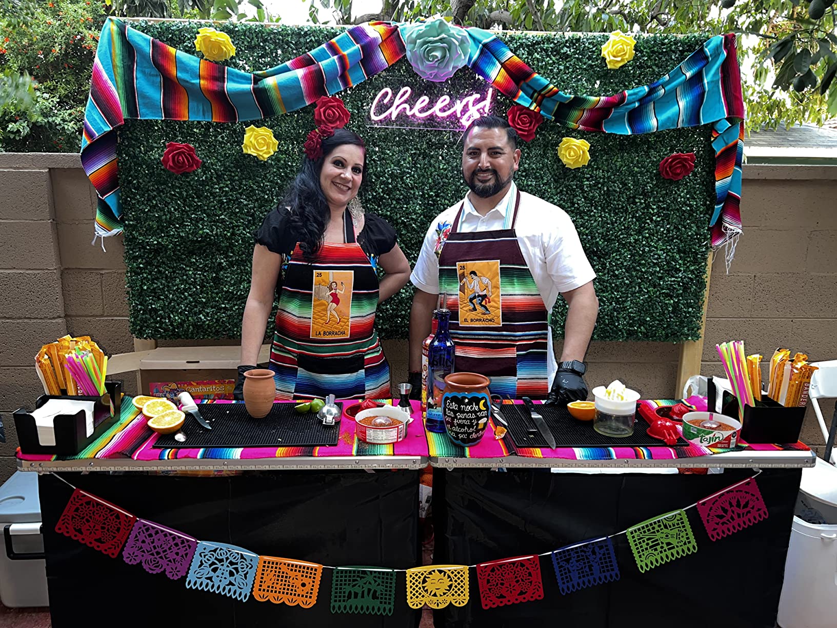 【Furniture】Folding Portable Party Bar w/Color-Changing LED Lights, Black & Hawaiian Bar Skirts & Storage Shelf