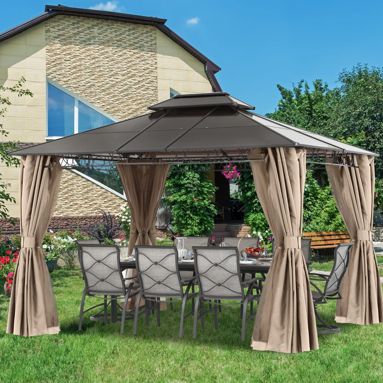 【Gazebo】10x12 Double Roof Hardtop Patio Gazebo Canopy Aluminum Frame with Netting & Screen Walls Curtains