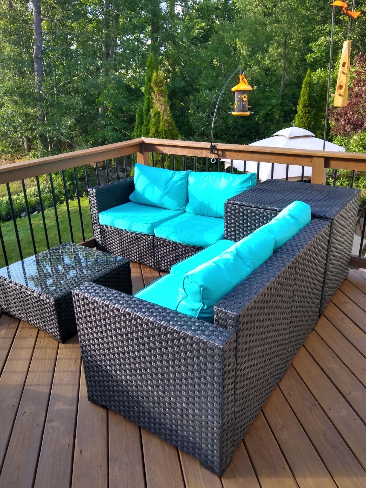 【Furniture】Outdoor PE Wicker Furniture Set 4 Piece Patio Black Rattan Sectional Loveseat Couch Set Conversation Sofa