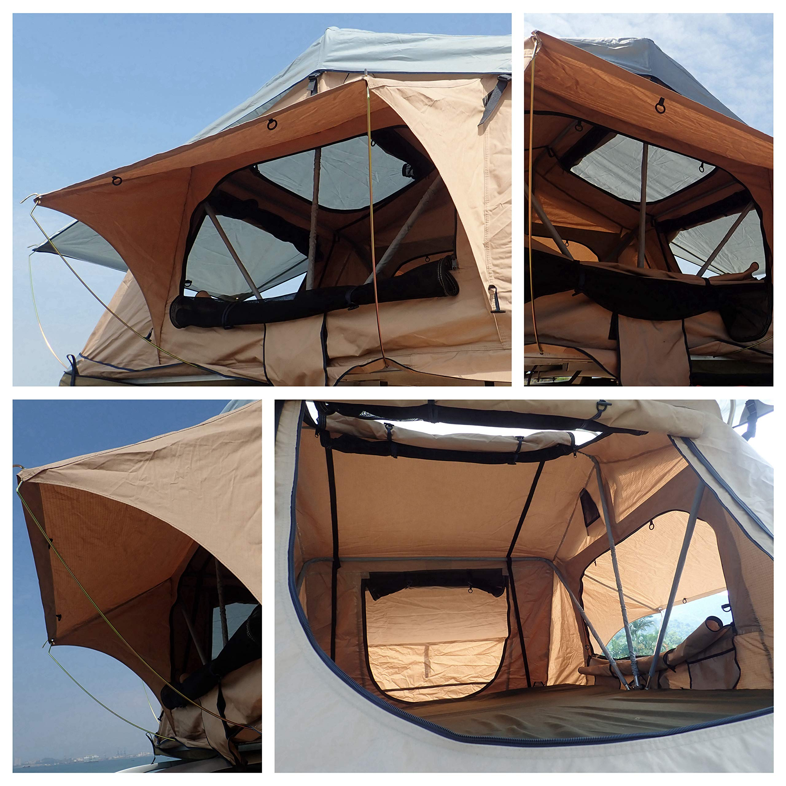 Overland Vehicle Systems TMBK 3 Person Roof Top Tent with Rain Fly Tan Body & Green Rainfly - Black Aluminum Base with Black Ladder - Universal Fitment