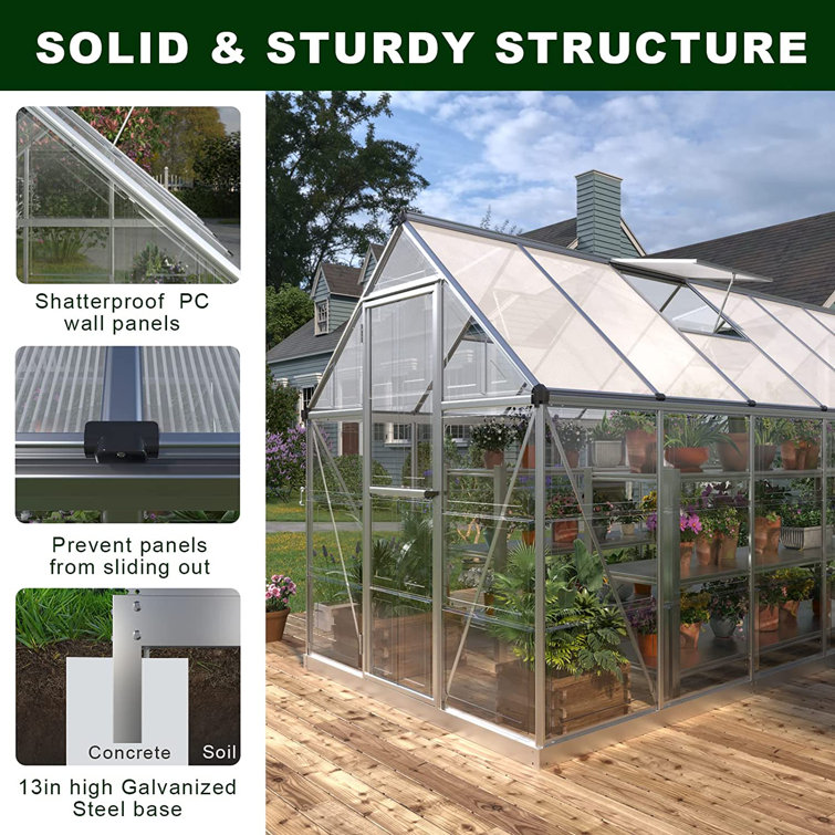 【Home & Garden】6x12 FT Hybrid Polycarbonate Greenhouse with 3 Vent Window Lockable Hinged Door