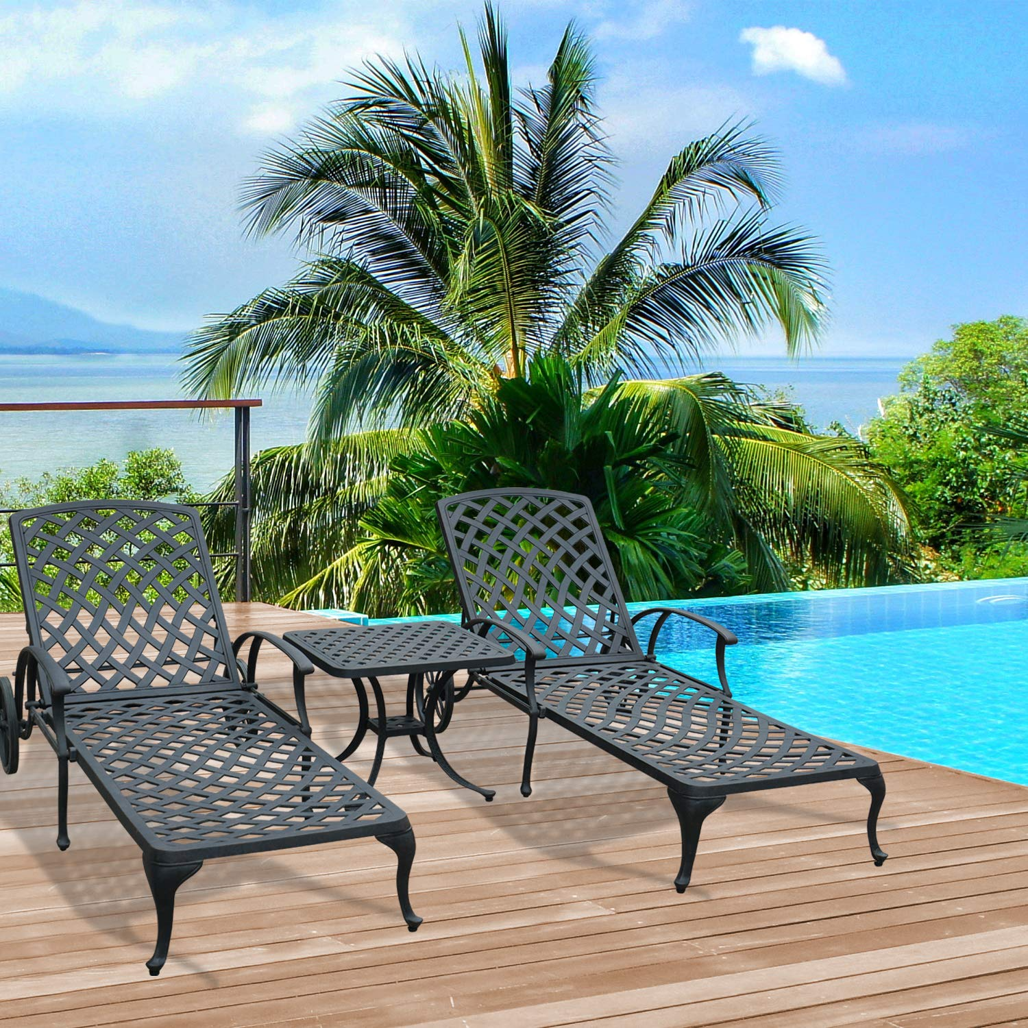 【Home&Garden】Chaise Lounge Outdoor Chair with Cushions, Aluminum Pool Side Sun Lounges with Wheels