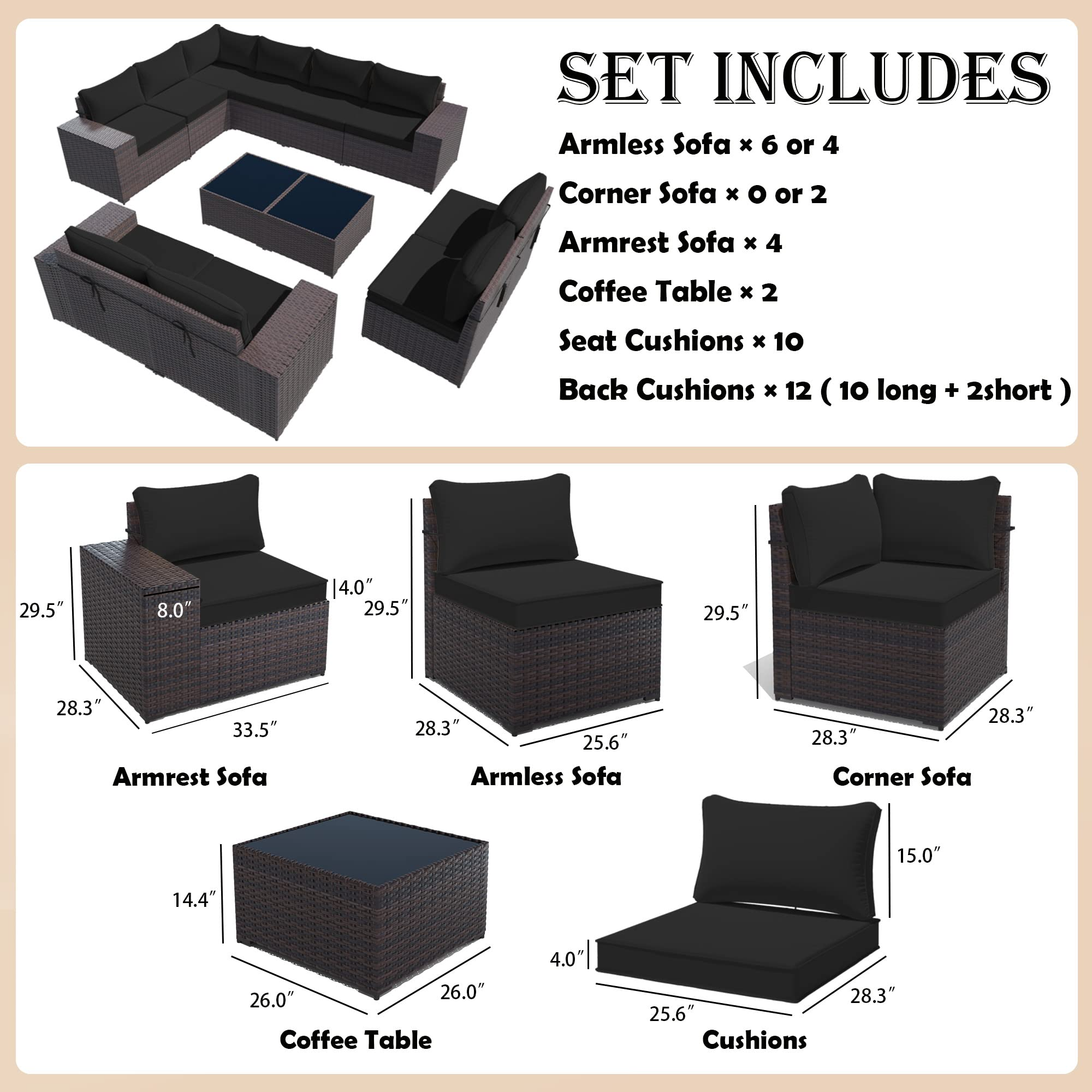 【Furniture】Outdoor Patio Furniture Sets 12-Pc Patio Sectional Furniture with Table & 10 Thickened Cushions