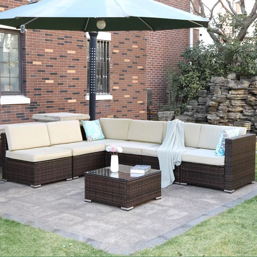 Patio Furniture Set, 7-Piece Outdoor Sectional with Waterproof Cover, All-Weather Wicker Patio Conversation Sets for Backyard (Grey with Grey Cushion)