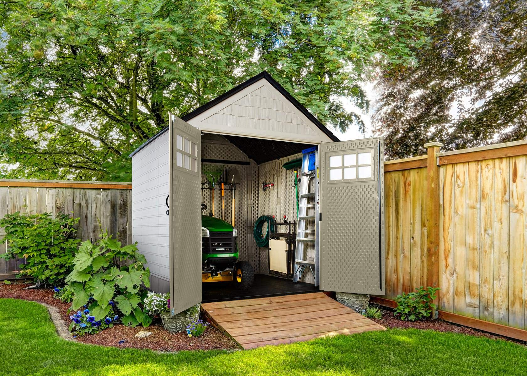 Keter Oakland Resin Outdoor Storage Shed with Floor (7 x 7 ft), Weather Resistant, Beige/Brown, for Home/Backyard/Garden Tools/Lawn Mower/Bike Storage/Pool Supplies《NO8》