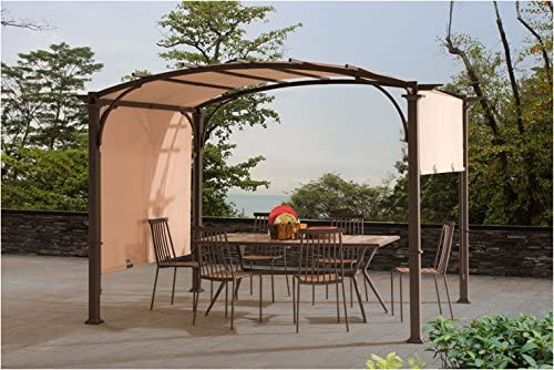 【Home&Garden】【BS】9.5x11 Steel Arched Pergola with 2-Tone Adjustable Shade, Tan & Brown