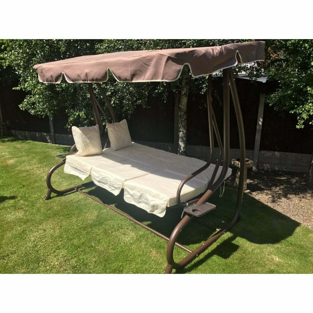 【Home&Garden】Somerset 3 Seat Swing Hammock Bed Heavy Duty Garden Bench Patio Brown Cream Seat