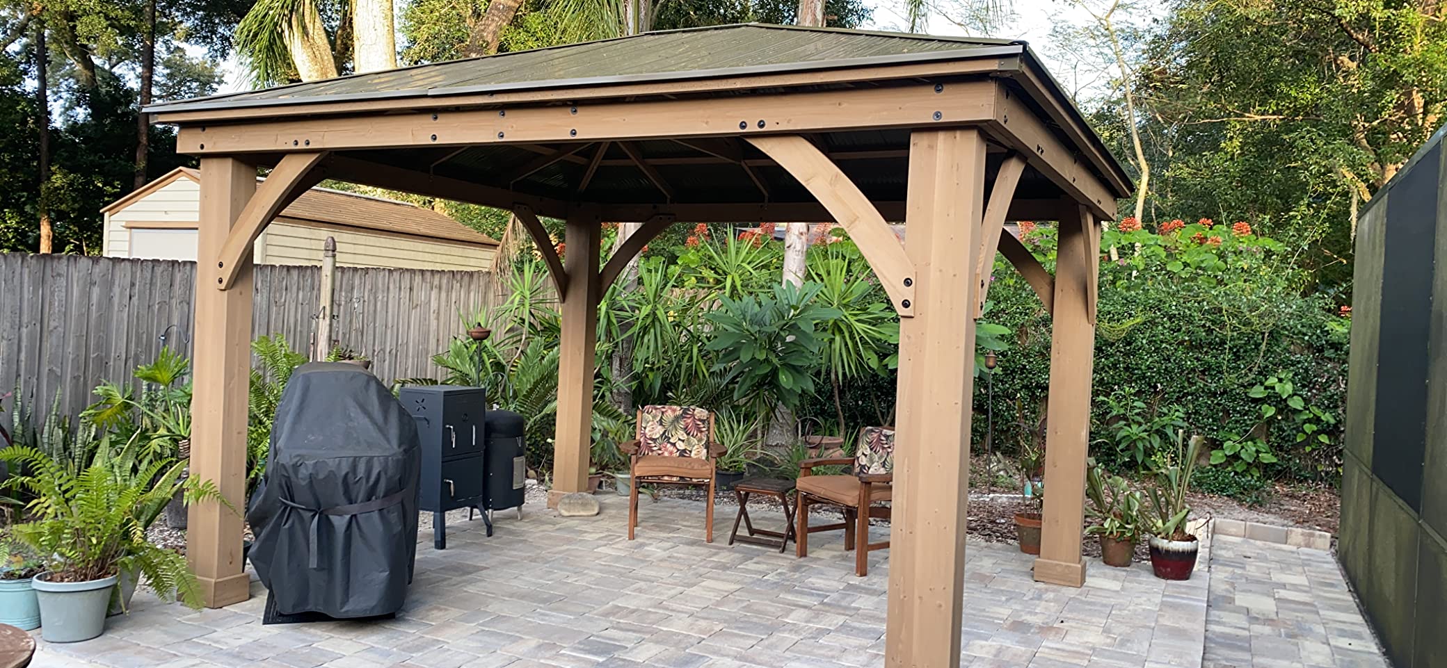 【Gazebo】14x12 Outdoor Pavilion Gazebo, Pre-Stained Premium Cedar Wood & Aluminum