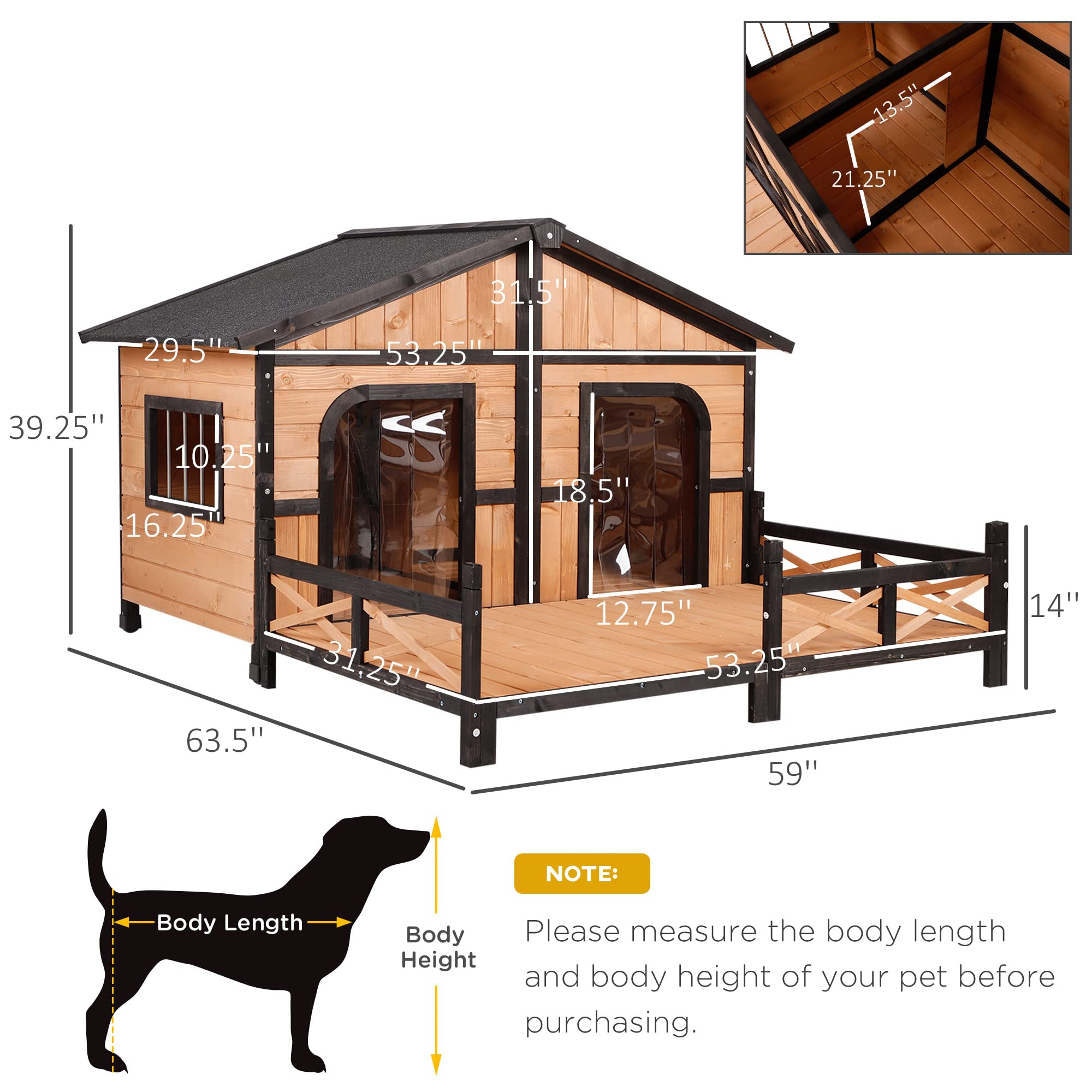 【Pet】59x64x39 Wood Large Dog House Cabin Style Elevated Pet Shelter wPorch Deck Natural