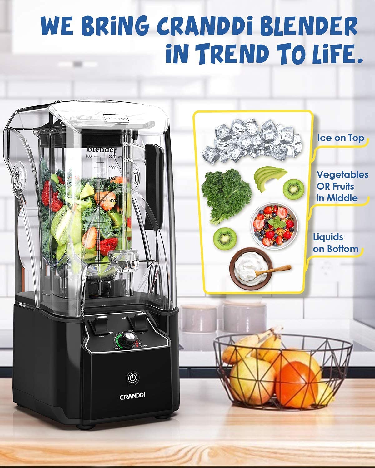 【Appliances】Quiet Blender, 2200 Watt Commercial Blenders for Kitchen with Soundproof Shield Cover