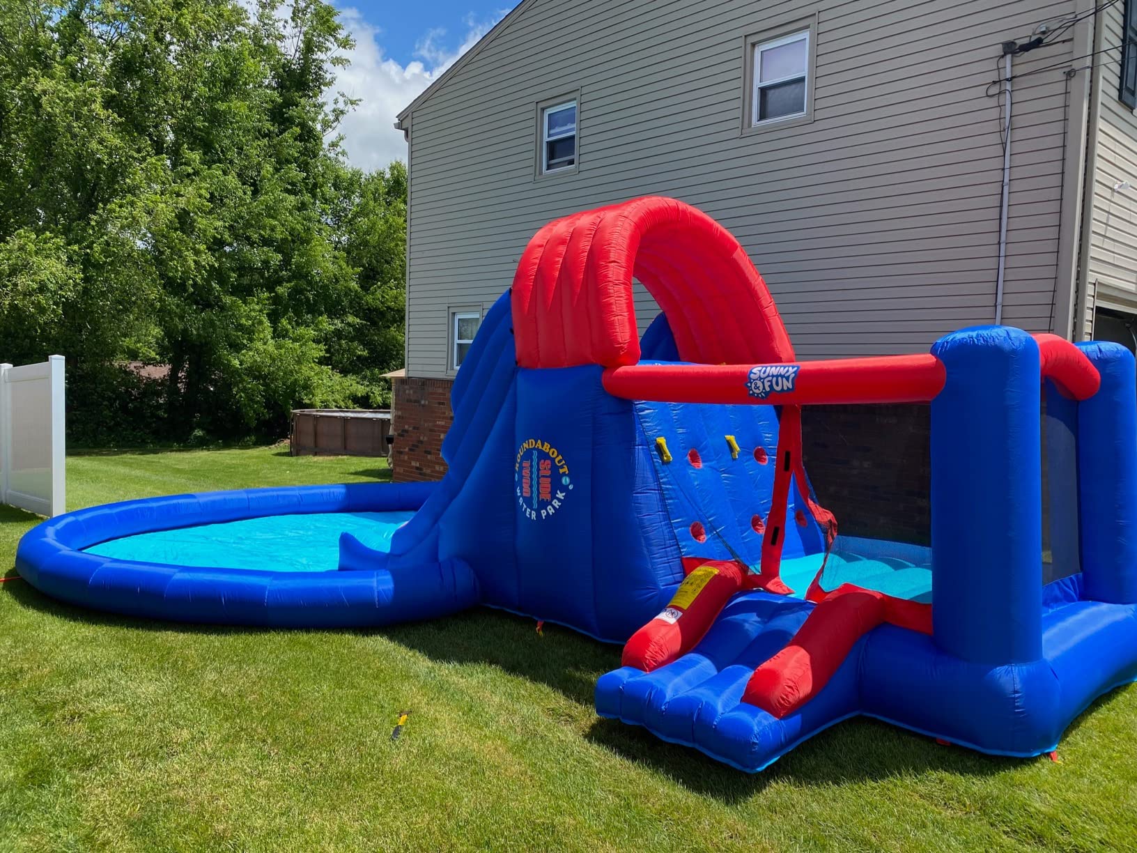 【Baby&Kids】Dual Slide Roundabout Inflatable Water Park - Climbing Wall, Slides, Bounce House & Huge Pool