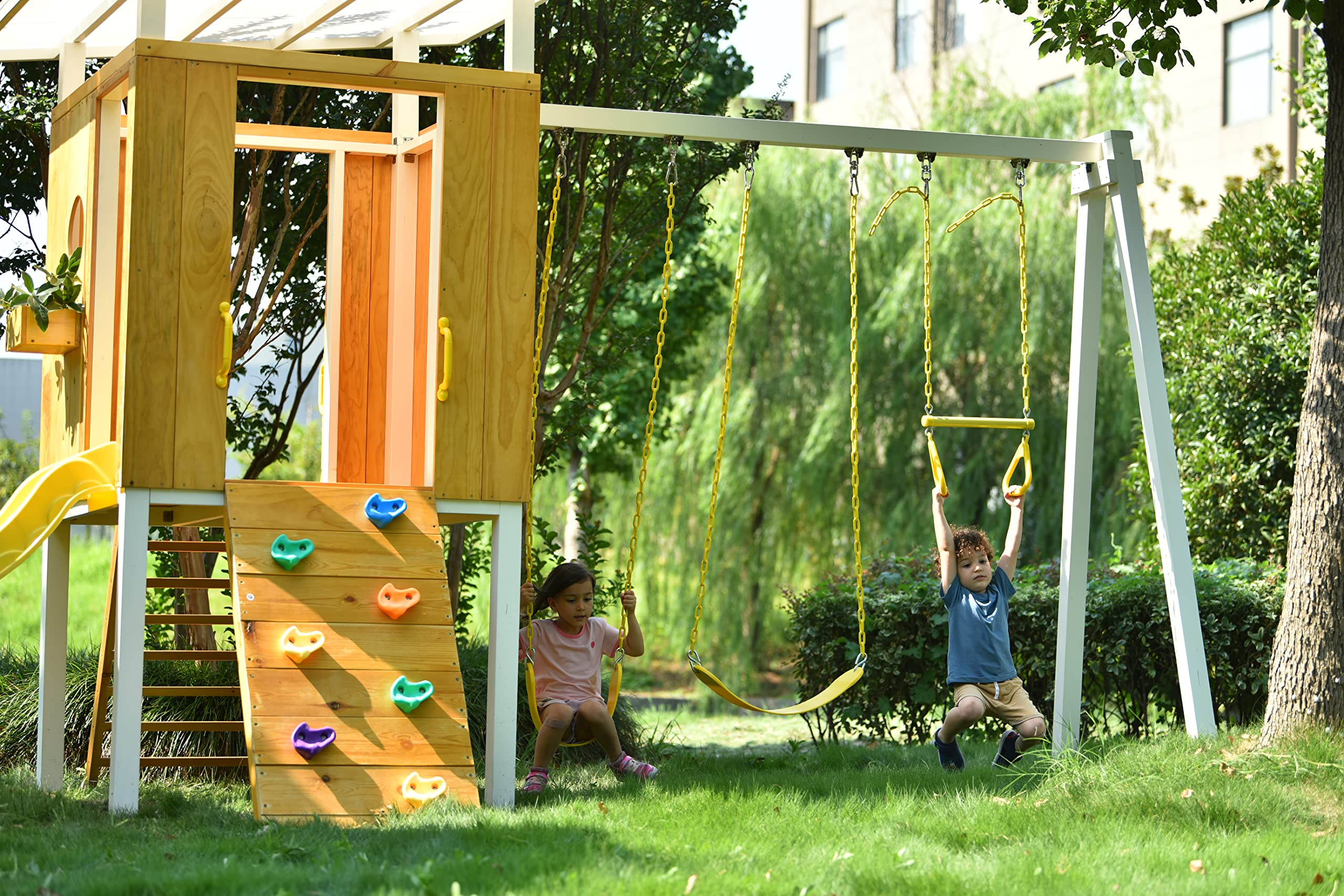 【Baby&Kids】Modern Outdoor Backyard Swing Set Children's Rock Climbing Wood Playground Playset 2 Belt Swings