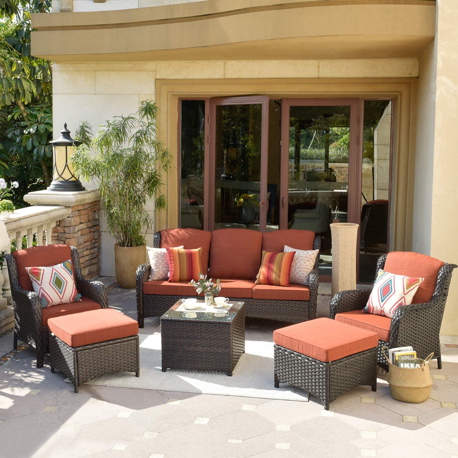 【Furniture】Patio Furniture Conversation Set All Weather Wicker 6 Pcs High Back Sofa w Coffee Table & Ottomans《NO8》