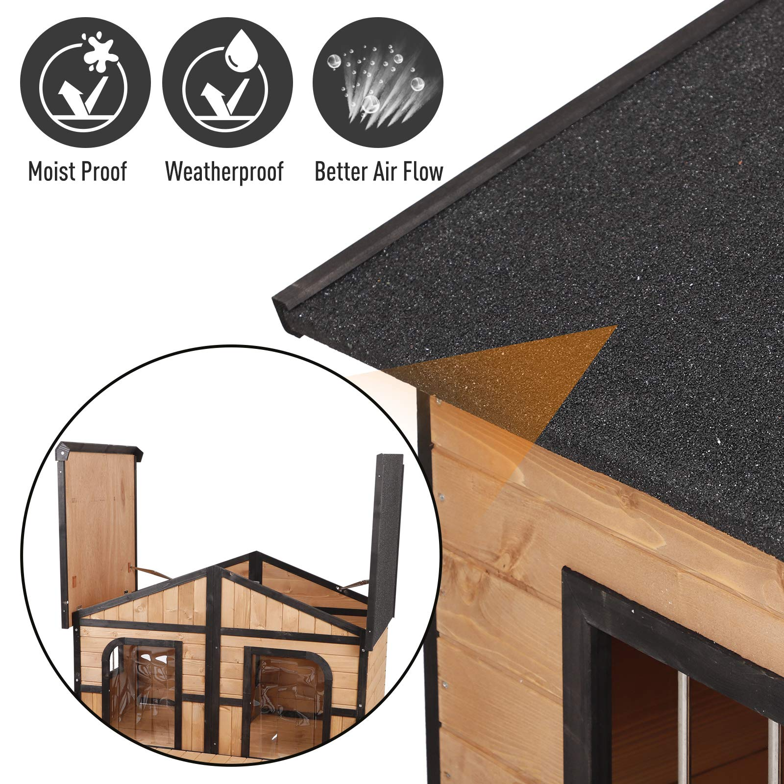 【Pet】59x64x39 Wood Large Dog House Cabin Style Elevated Pet Shelter wPorch Deck Natural