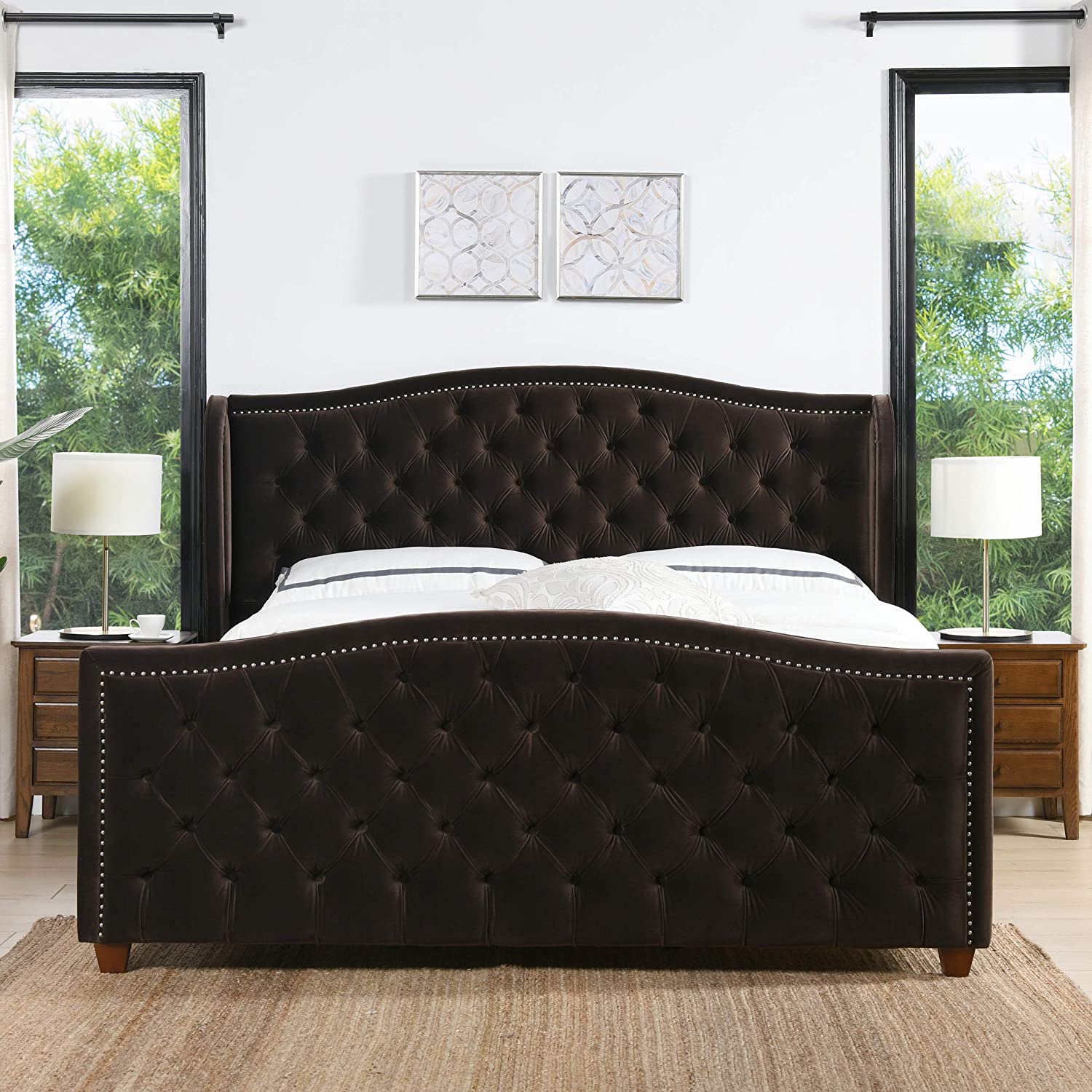 【Furniture】Marcella Platform, King, Olive Green Performance Velvet