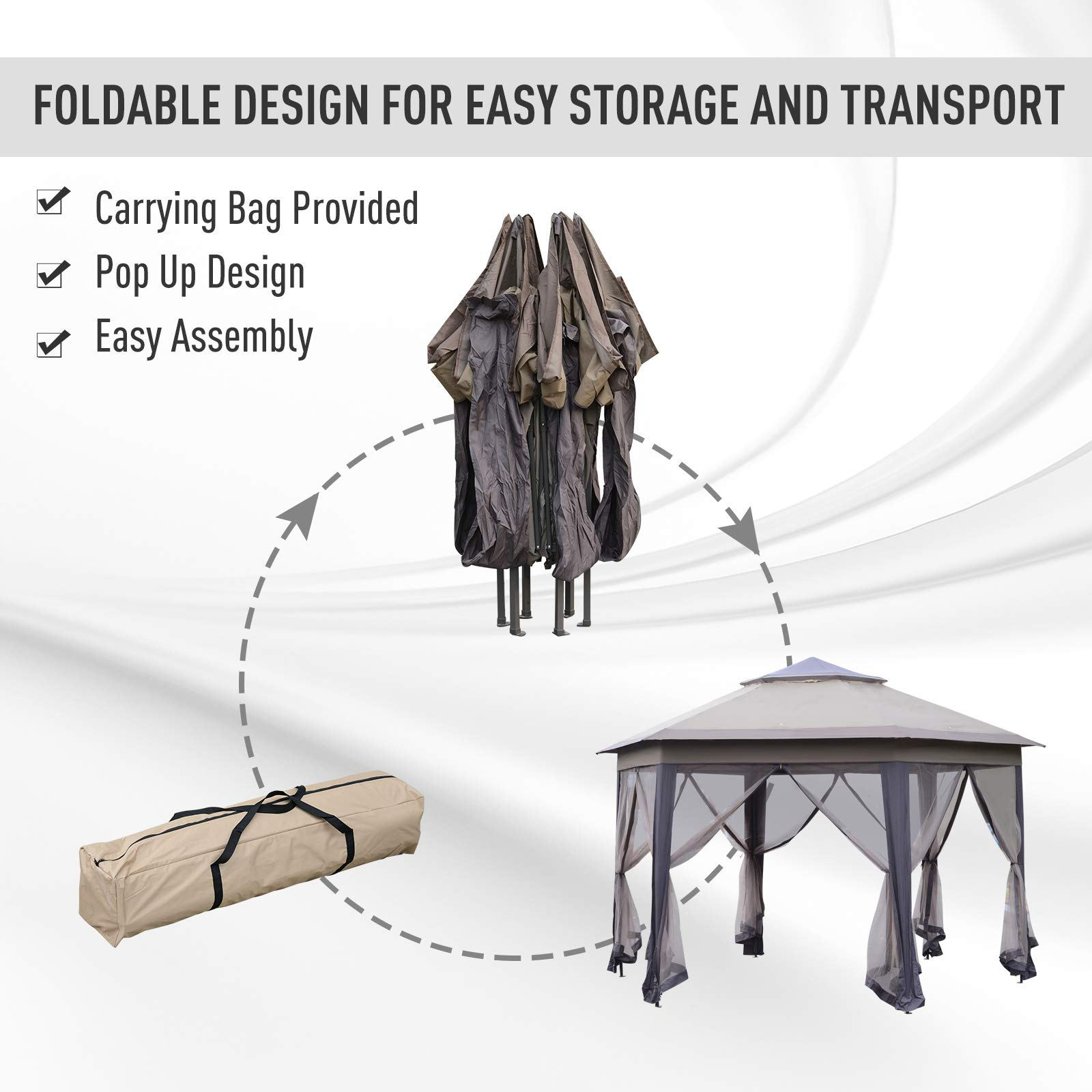 【Gazebo】13' x 13' Pop-Up Double Roof Six-Sided Pavilion with Sheltering Mesh