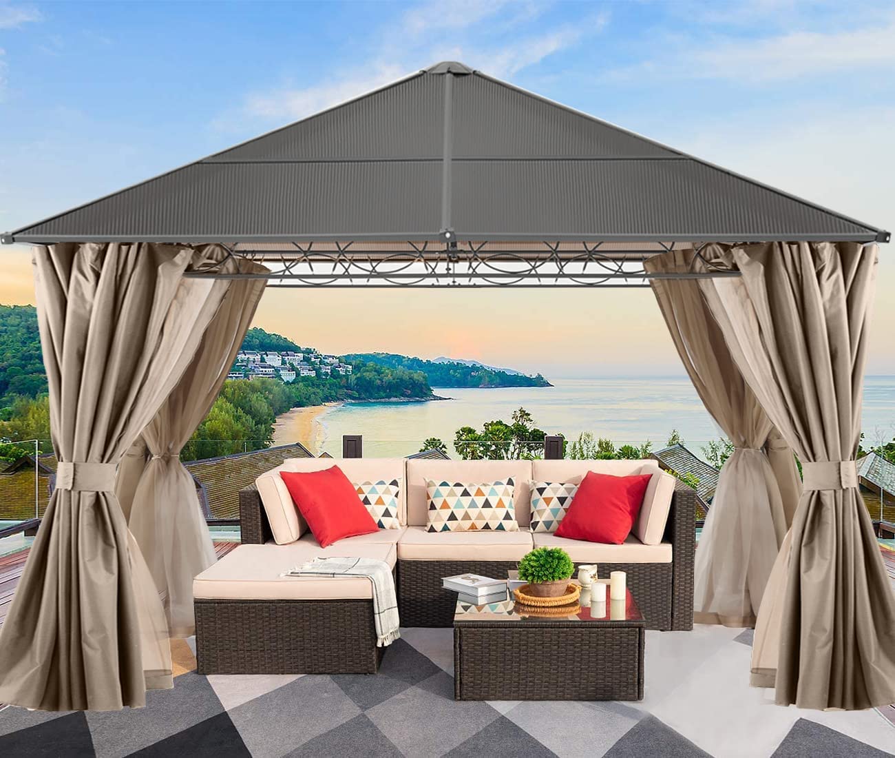 【Gazebo】10x12 Double Roof Hardtop Patio Gazebo Canopy Aluminum Frame with Netting & Screen Walls Curtains