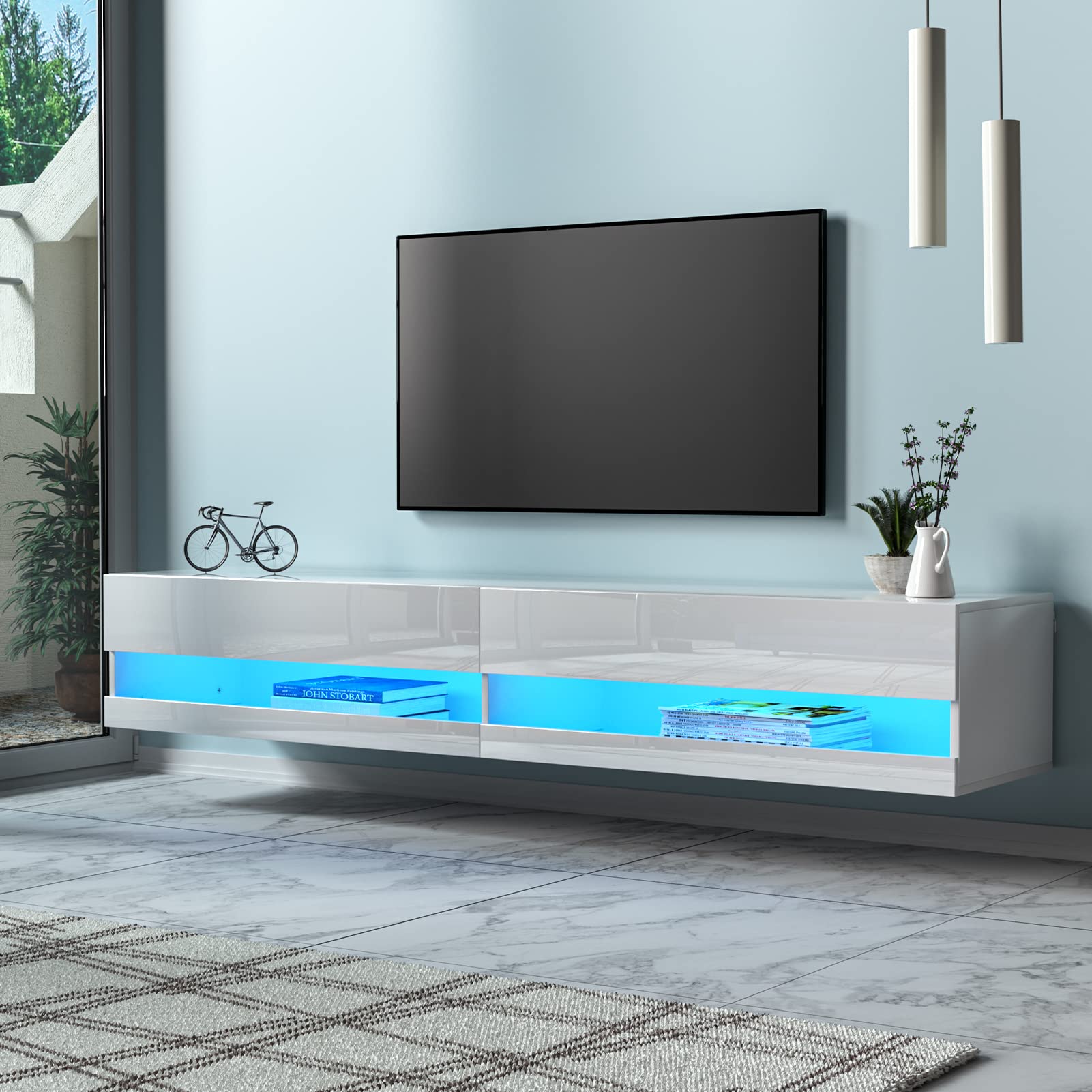 【Furniture】Floating TV Stand for TVs Up to 85 inch, 70 inch Wall Mounted Haning TV Stand with LED Lights