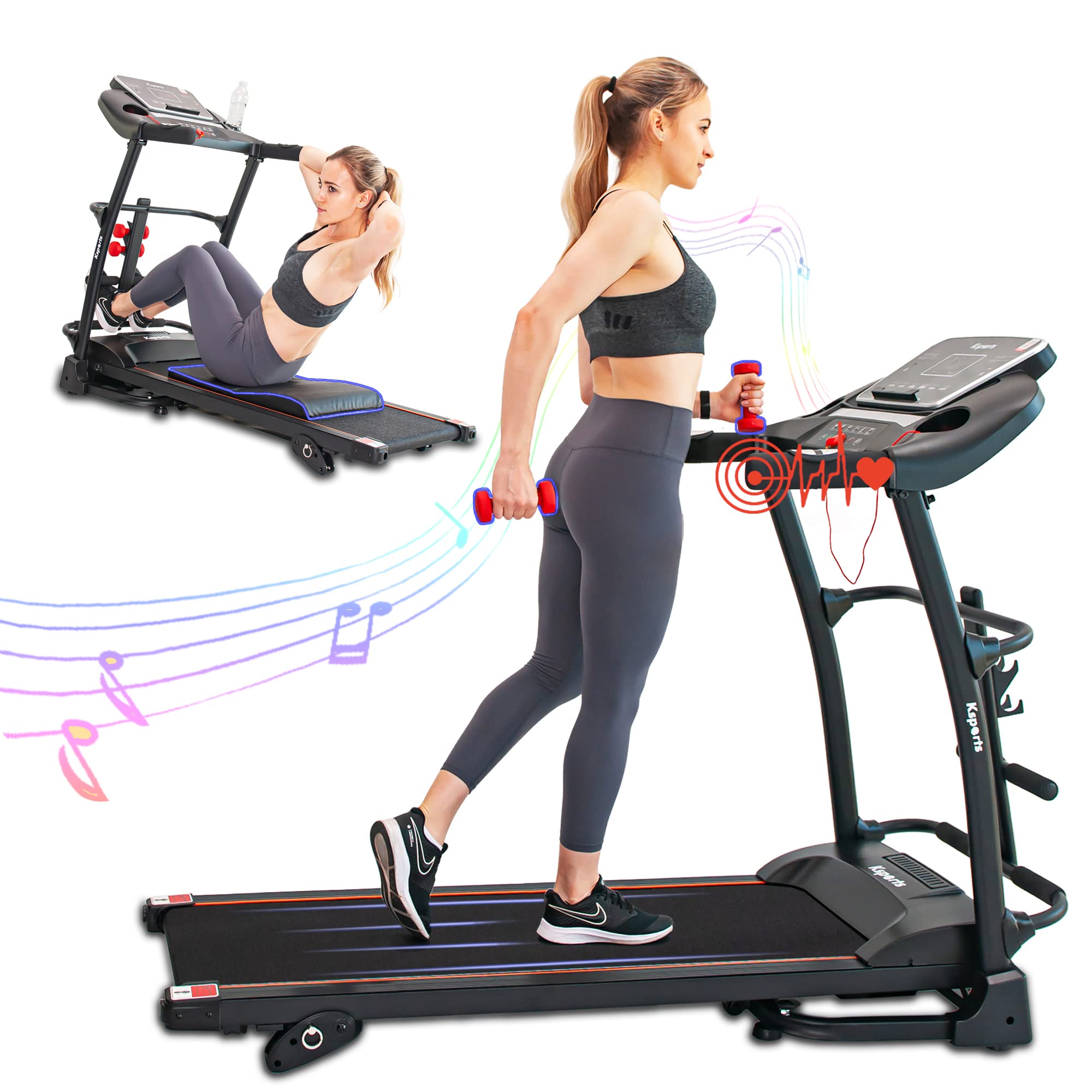 Treadmill Bundle, Electric Folding Incline Treadmill with Auto/Manual Inclineeasy-to-read LCD display with heart-rate sensor on handlebars & fit show smart app