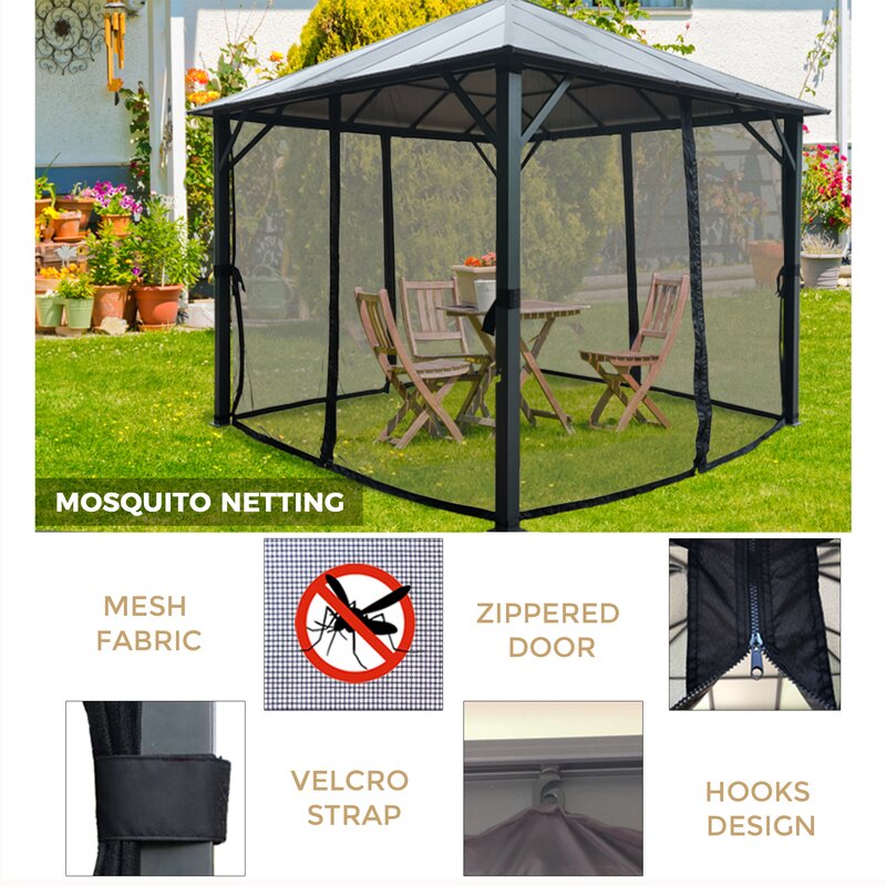 【Gazebo】10x10 ft Hardtop Gazebo, Outdoor Canopy Gazebo with Netting & Shaded Curtains for Patio