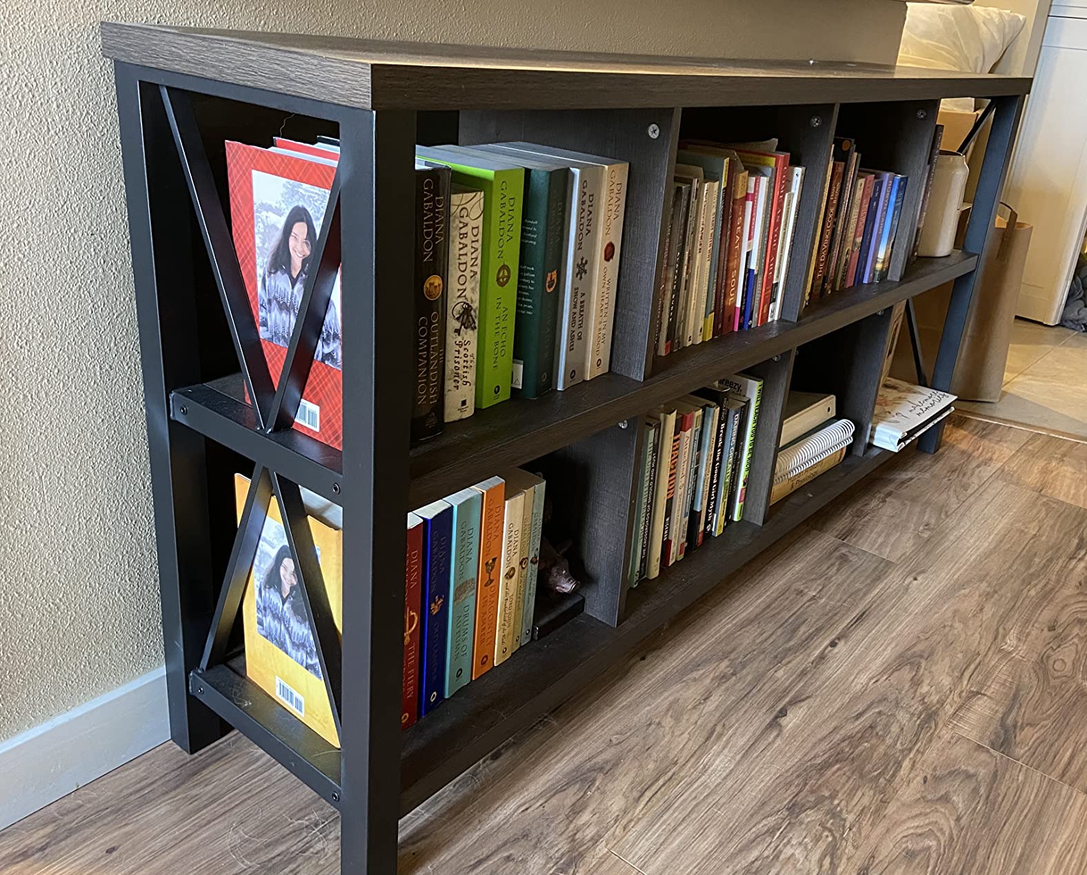 【Furniture】8 Cube Storage Organizer Bookshelf, Rustic Wood Cubby Bookcase, Industrial Horizontal Long Shelf