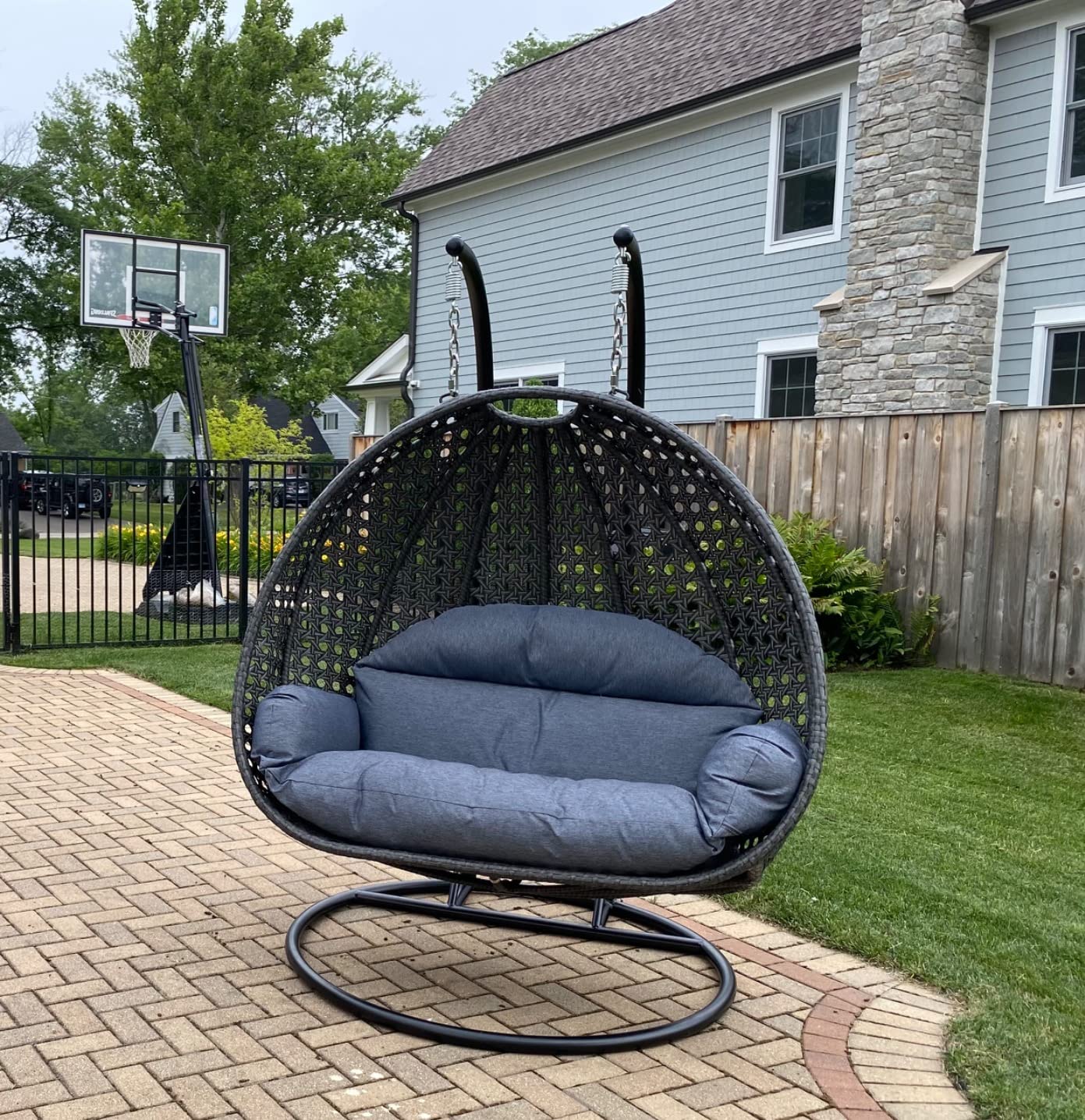 【Furniture】2 Person Hanging Double Swing Chair, X-Large Wicker Rattan Egg Chair with Stand and Cushion