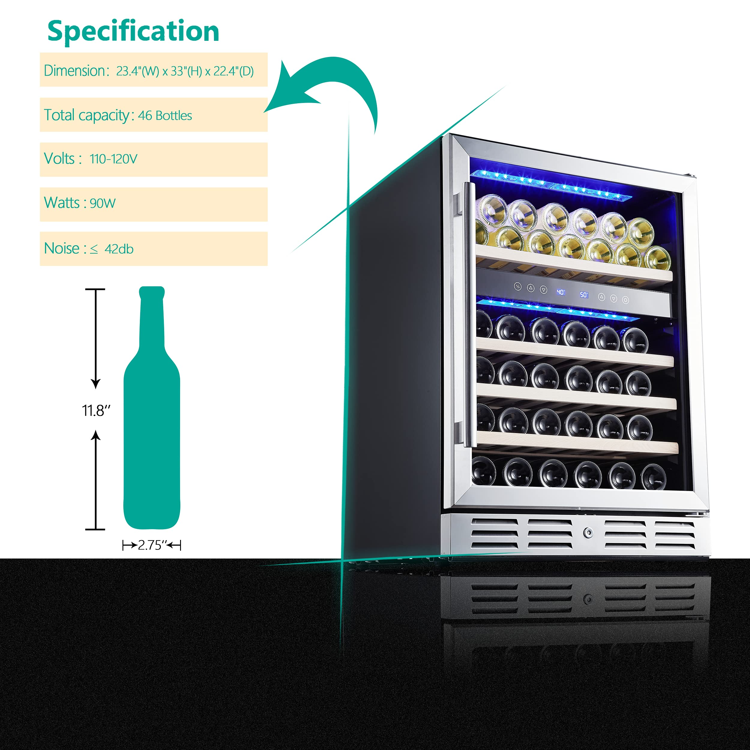 【Appliances】Kalamera 24'' Wine Cooler Refrigerator 46 Bottle Dual Zone Built-in or Freestanding Fridge