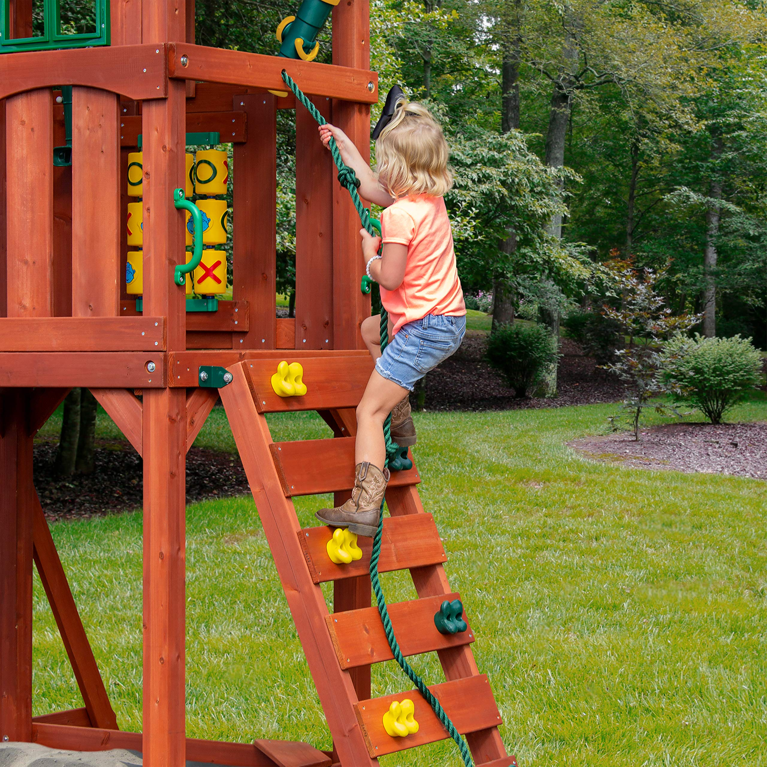 【Baby&Kids】Deluxe Wooden Swing Set with Vinyl Canopy Roof, Dual Wave Slides, and Rock Climbing Wall